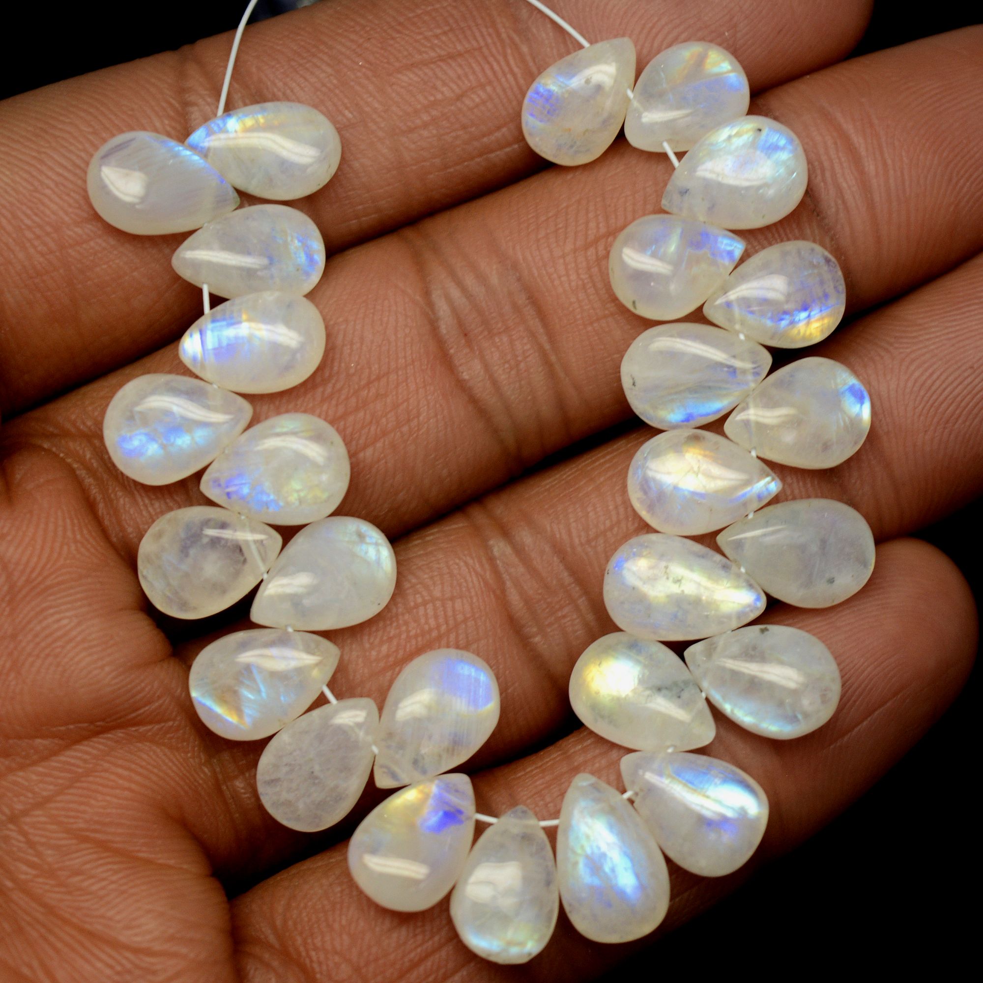 27Pcs 73Cts Natural Rainbow Moonstone Briolettes Side Drill Loose Gemstone Pear Cabochon Wholesaler Gemstone Gift For Her 9x7-11x7mm13561