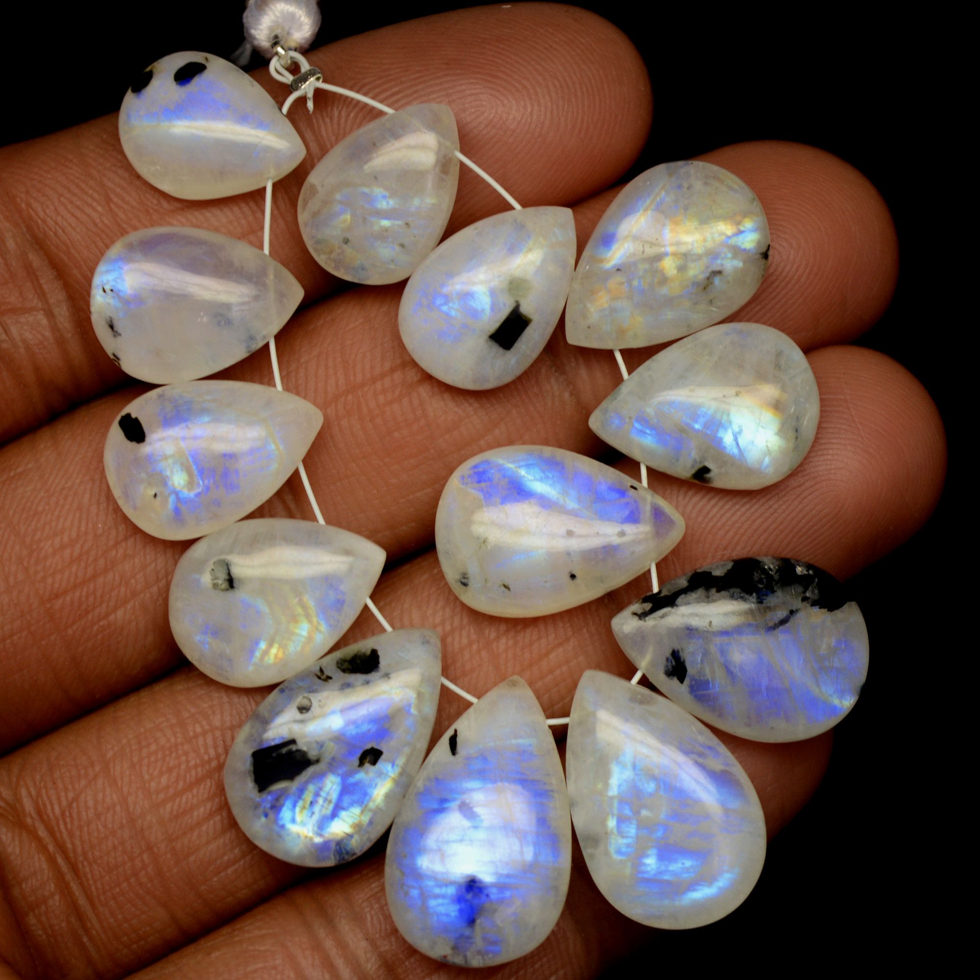 13Pc 114Cts Natural Rainbow Moonstone Briolettes Side Drill Loose Gemstone Pear Cabochon Wholesaler Gemstone Gift For Her 13x9-20x12mm13564