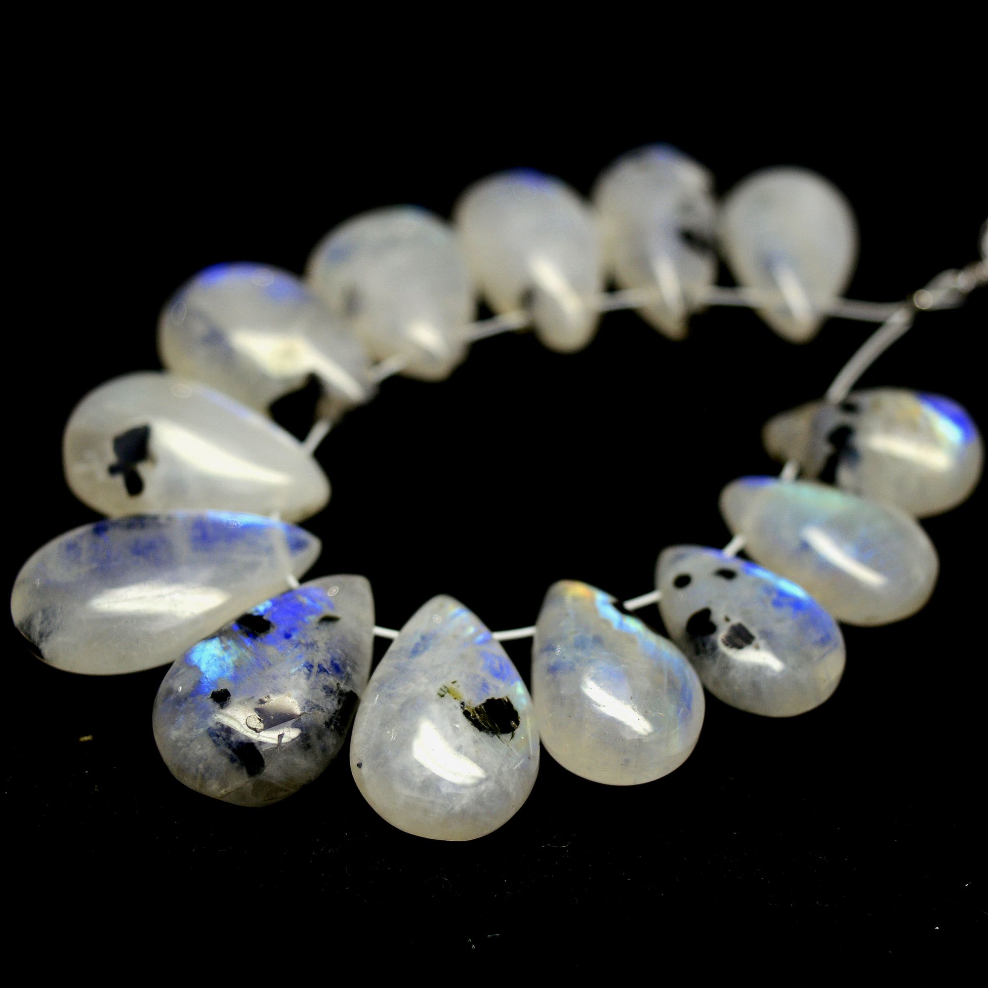 13Pcs 65Cts Natural Rainbow Moonstone Briolettes Side Drill Loose Gemstone Pear Cabochon Wholesaler Gemstone Gift For Her 12x7-16x8mm13565