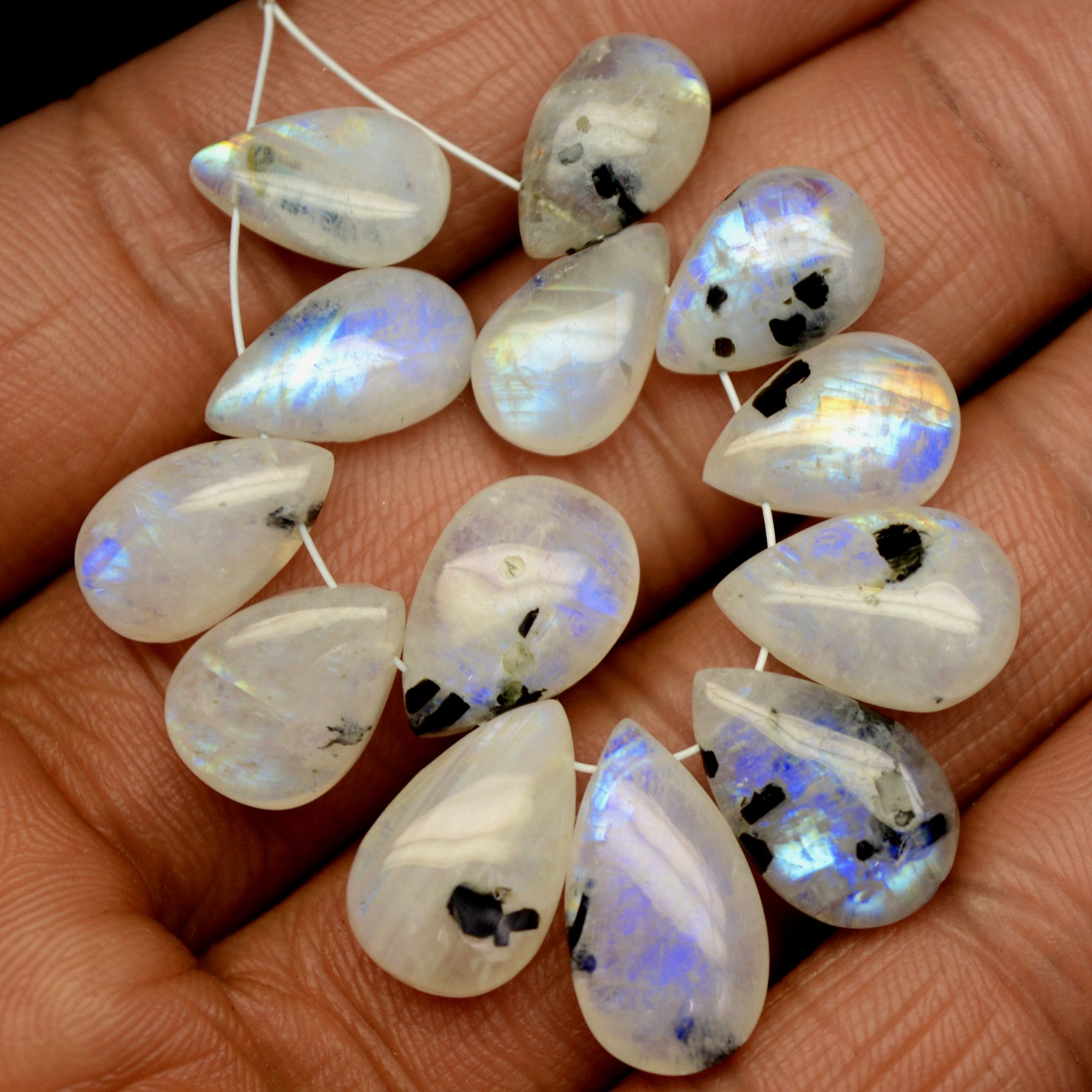 13Pcs 65Cts Natural Rainbow Moonstone Briolettes Side Drill Loose Gemstone Pear Cabochon Wholesaler Gemstone Gift For Her 12x7-16x8mm13565