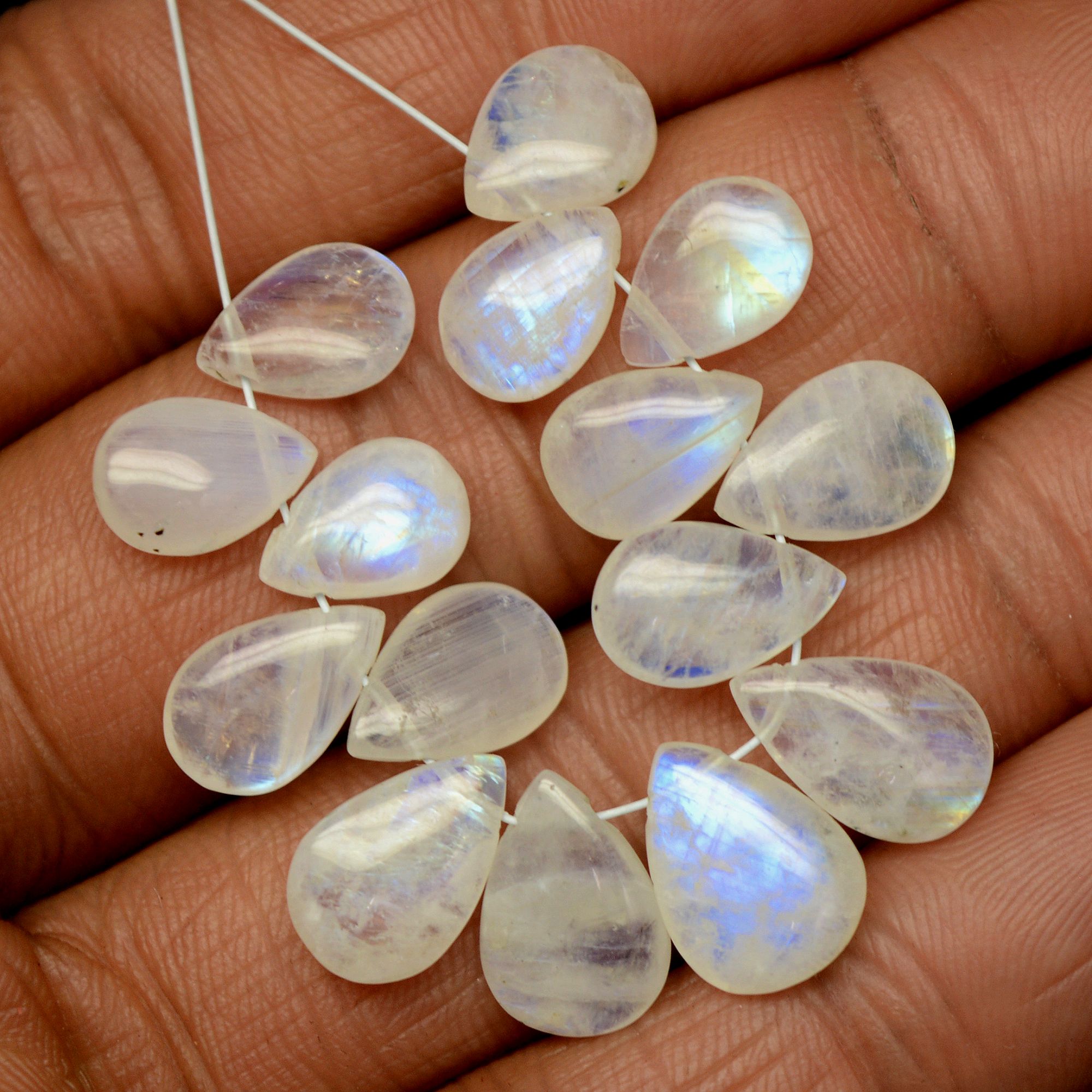 15Pcs 36Cts Natural Rainbow Moonstone Briolettes Side Drill Loose Gemstone Pear Cabochon Wholesaler Gemstone Gift For Her 9x7-11x8mm13568