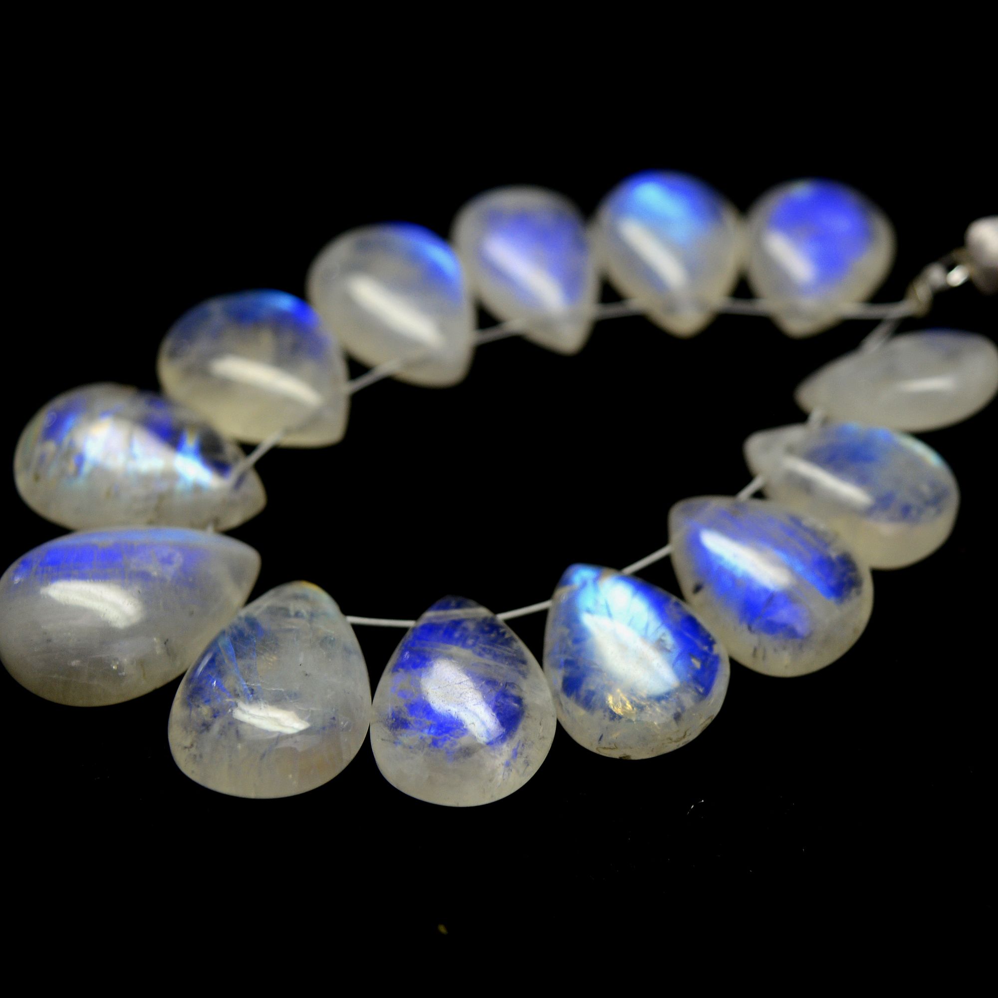 13Pcs 88Cts Natural Rainbow Moonstone Briolettes Side Drill Loose Gemstone Pear Cabochon Wholesaler Gemstone Gift For Her 13x10-16x11mm13569