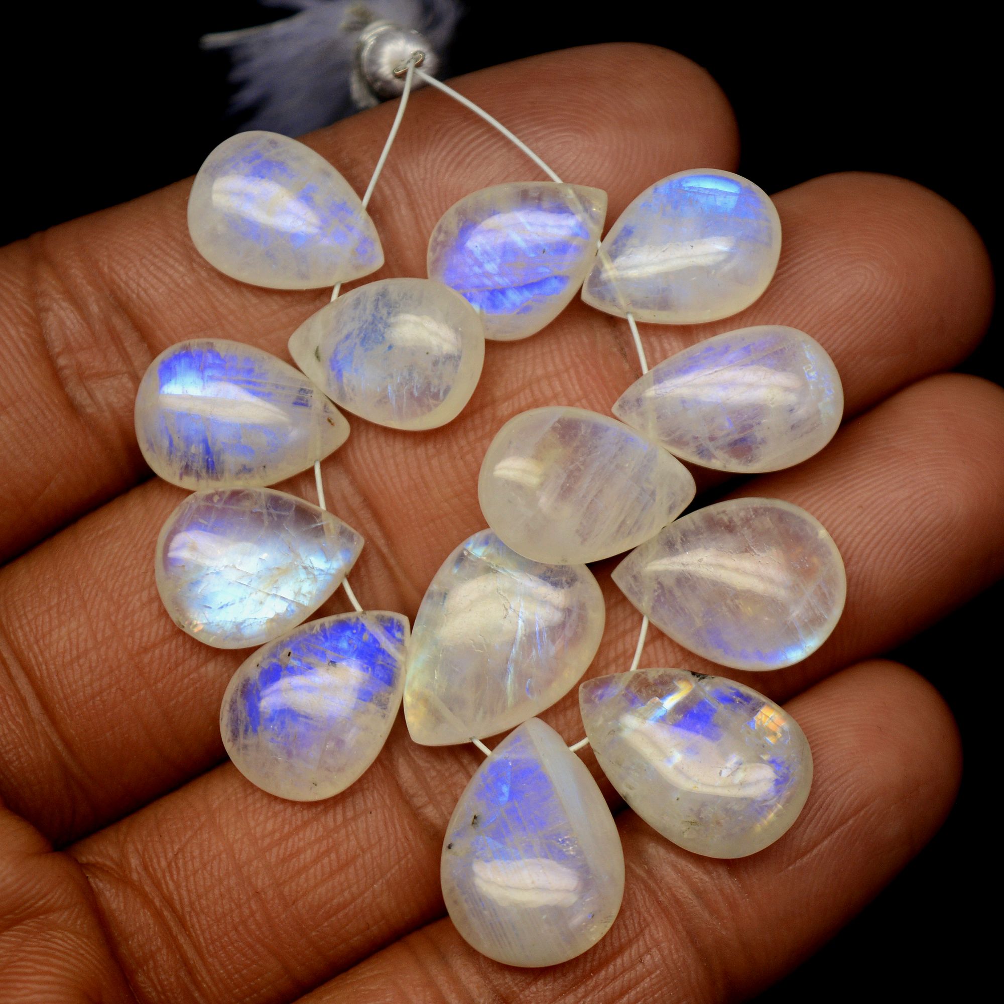 13Pcs 88Cts Natural Rainbow Moonstone Briolettes Side Drill Loose Gemstone Pear Cabochon Wholesaler Gemstone Gift For Her 13x10-16x11mm13569