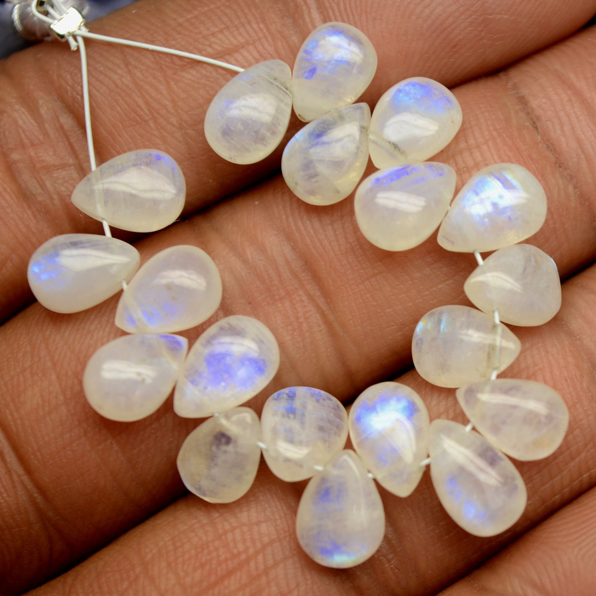 19Pcs 34Cts Natural Rainbow Moonstone Briolettes Side Drill Loose Gemstone Pear Cabochon Wholesaler Gemstone Gift For Her 8x5-9x5mm13572