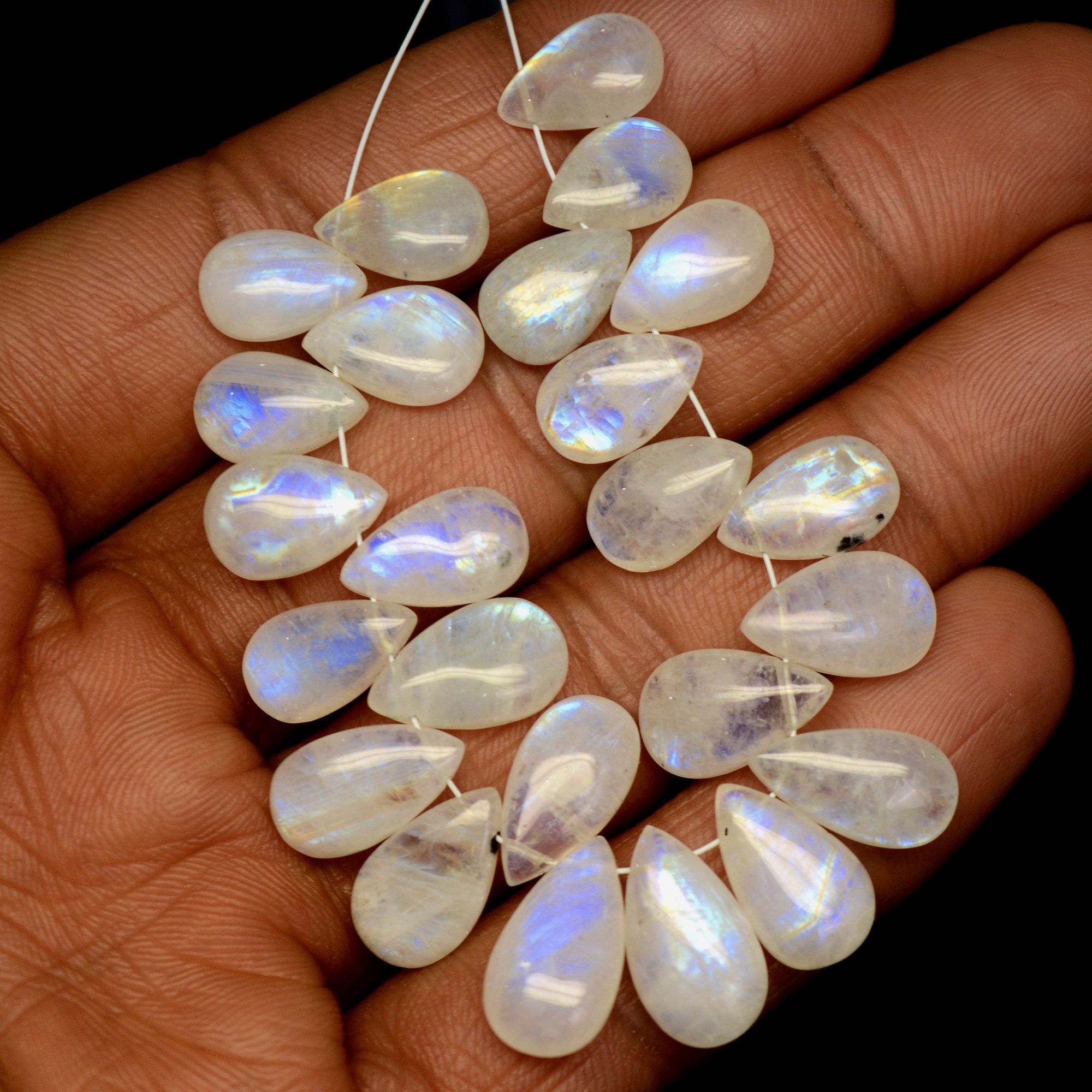 24Pcs 92Cts Natural Rainbow Moonstone Briolette AAA Quality Side Drill Loose Gemstone Cabochon Gift For Her DIY Supplies 11x7-15x8mm13573