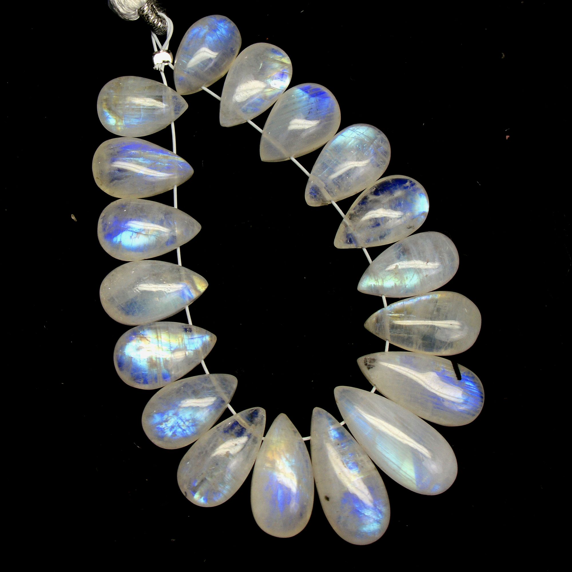 18Pcs 67Cts Natural Rainbow Moonstone Briolette AAA Quality Side Drill Loose Gemstone Cabochon Gift For Her DIY Supplies 10x6-16x7mm13576