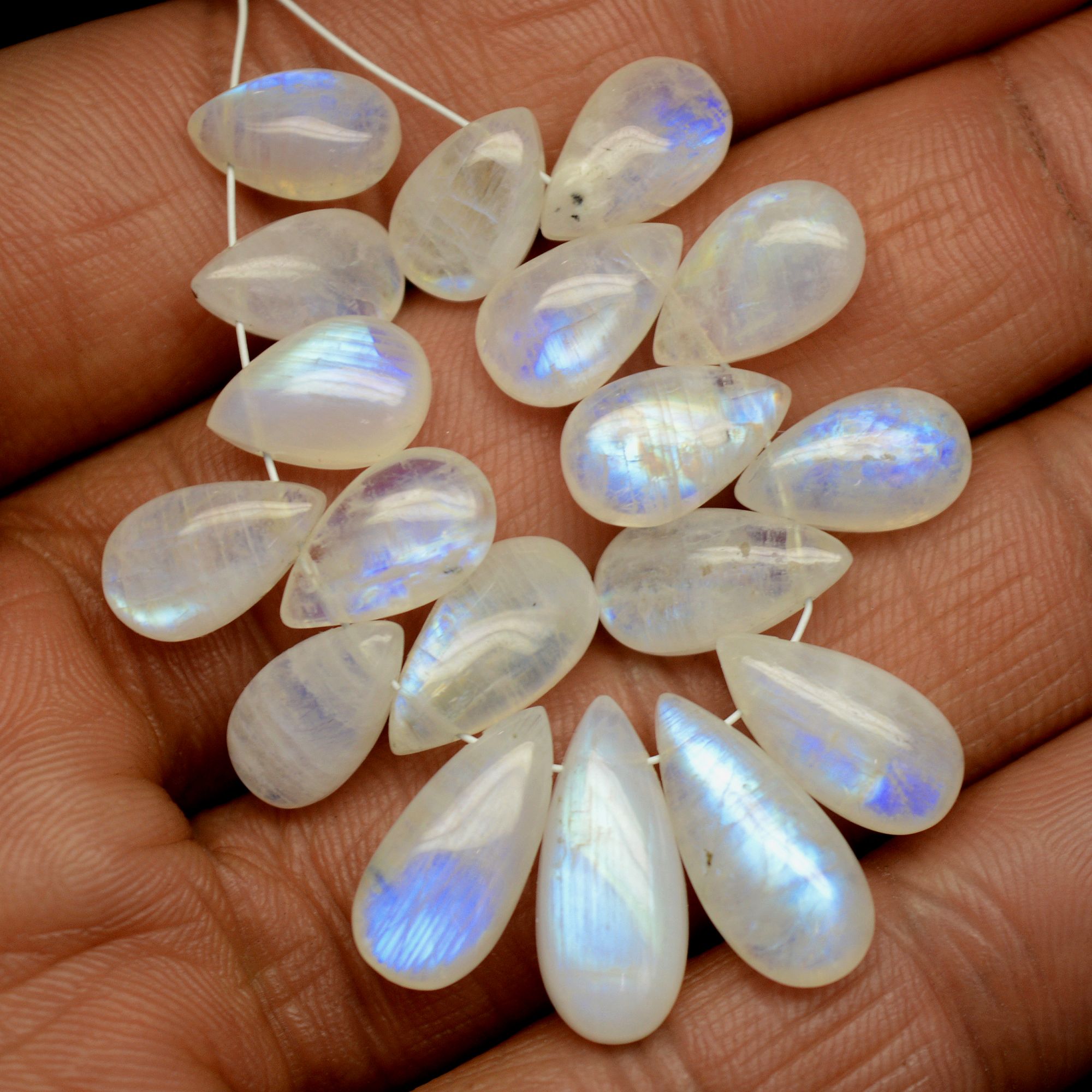 18Pcs 67Cts Natural Rainbow Moonstone Briolette AAA Quality Side Drill Loose Gemstone Cabochon Gift For Her DIY Supplies 10x6-16x7mm13576