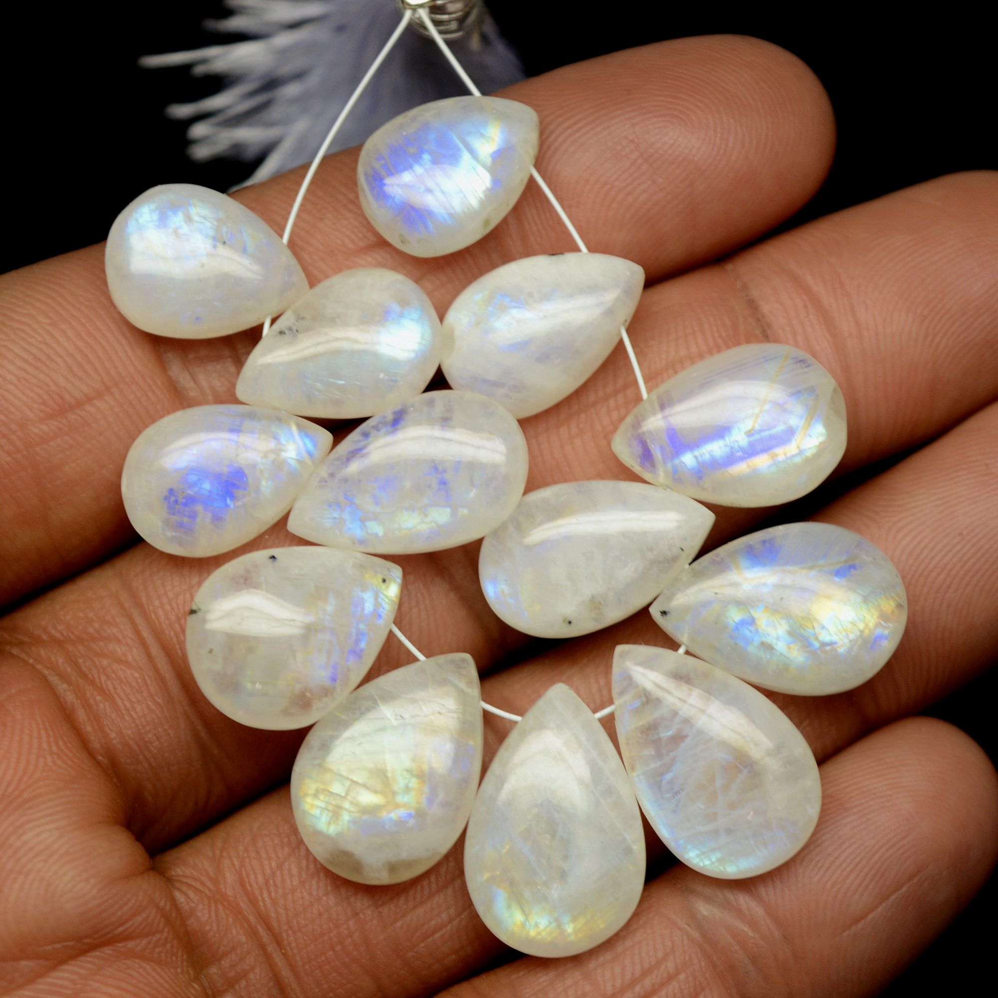 13Pcs 109Cts Natural Rainbow Moonstone Briolette AAA Quality Side Drill Loose Gemstone Cabochon Gift For Her DIY Supply 13x10-18x11mm13579