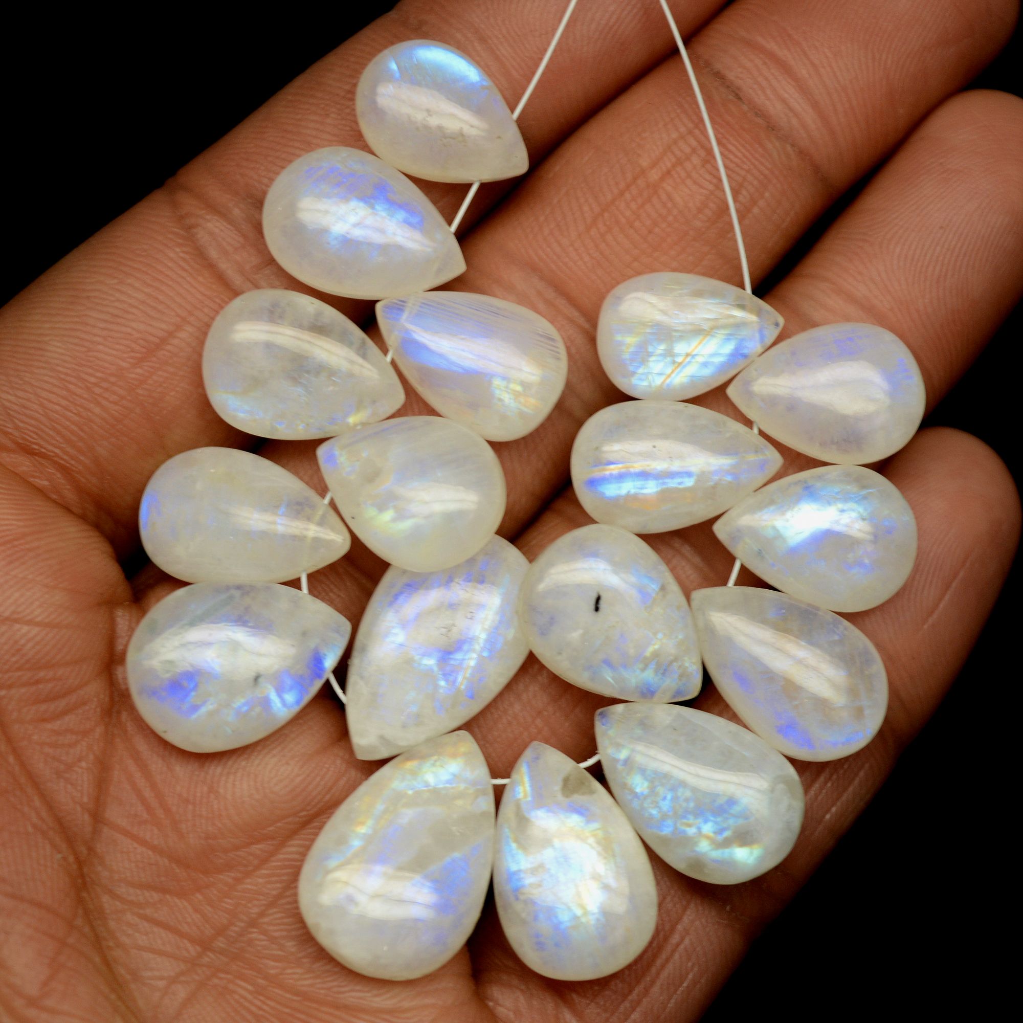 17Pcs 157Cts Natural Rainbow Moonstone Briolette AAA Quality Side Drill Loose Gemstone Cabochon Gift For Her DIY Supplies 14x9-20x12mm13582