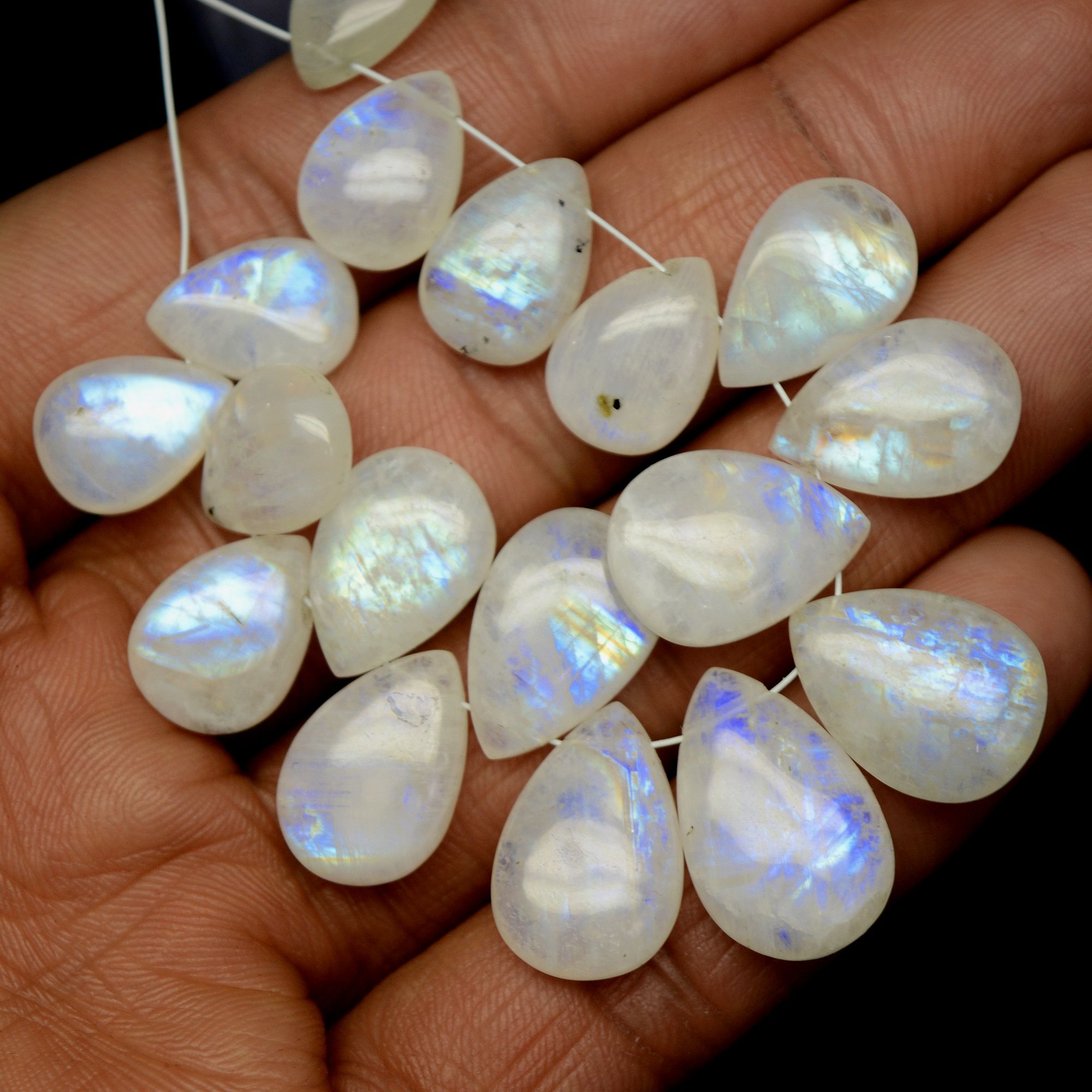 17Pcs 124Cts Natural Rainbow Moonstone Briolette AAA Quality Side Drill Loose Gemstone Cabochon Gift For Her DIY Supplies 13x9-19x12mm13583