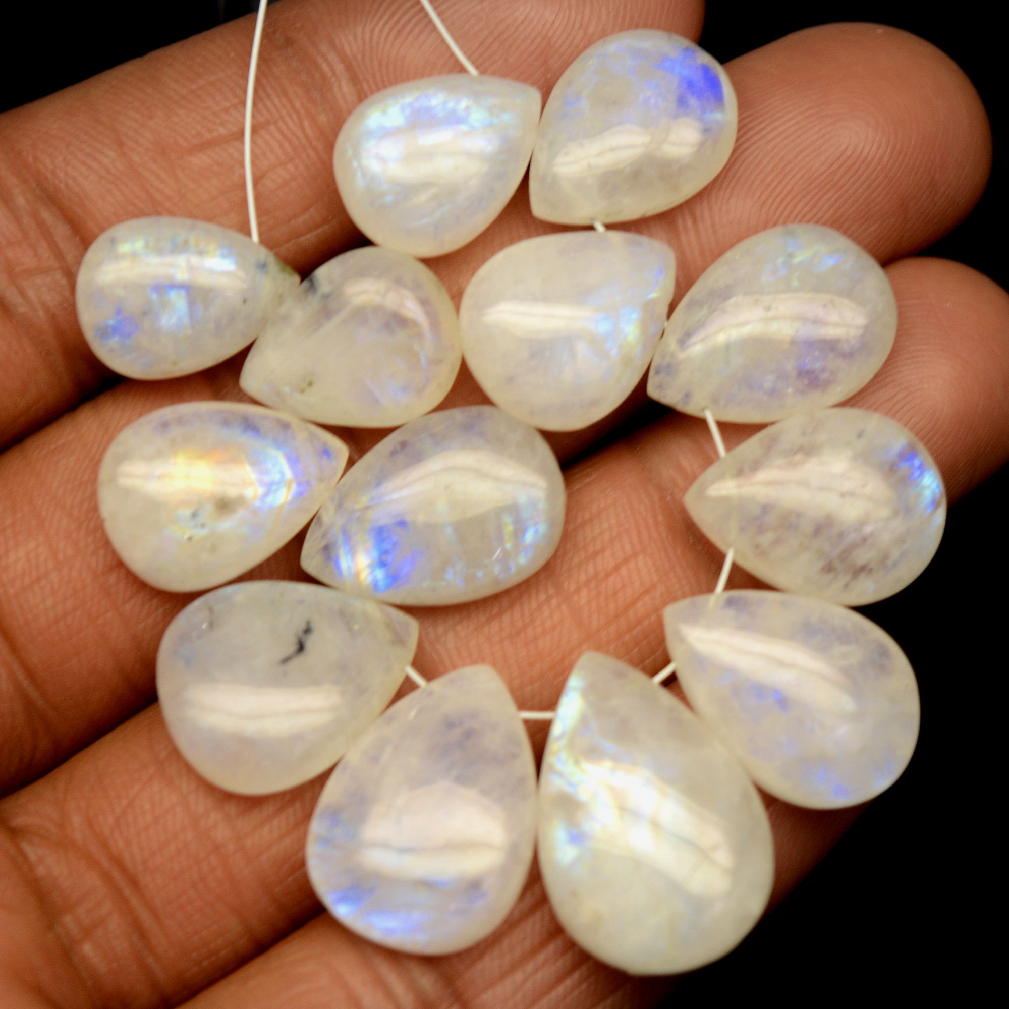 13Pcs 124Cts Natural Rainbow Moonstone Briolette AAA Quality Side Drill Loose Gemstone Cabochon Gift For Her DIY Supplies 13x9-20x13mm13586