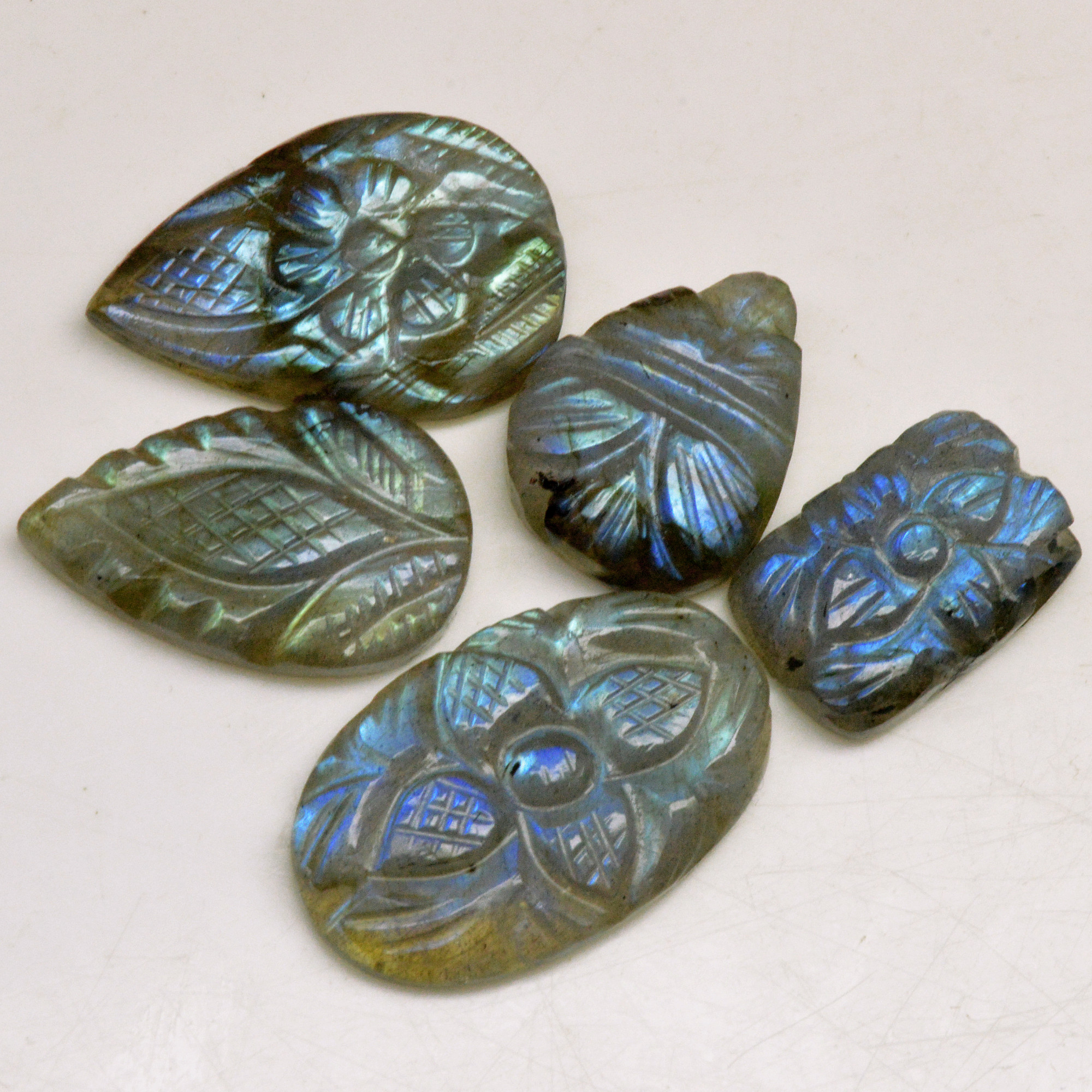 5 Pcs 58 Cts Natural Labradorite Carved Cabochon Blue Flashy Labradorite Carving Gemstone Mix Shape Loose Gemstone Flat Back Labradorite 23x12 15x12mm 13594