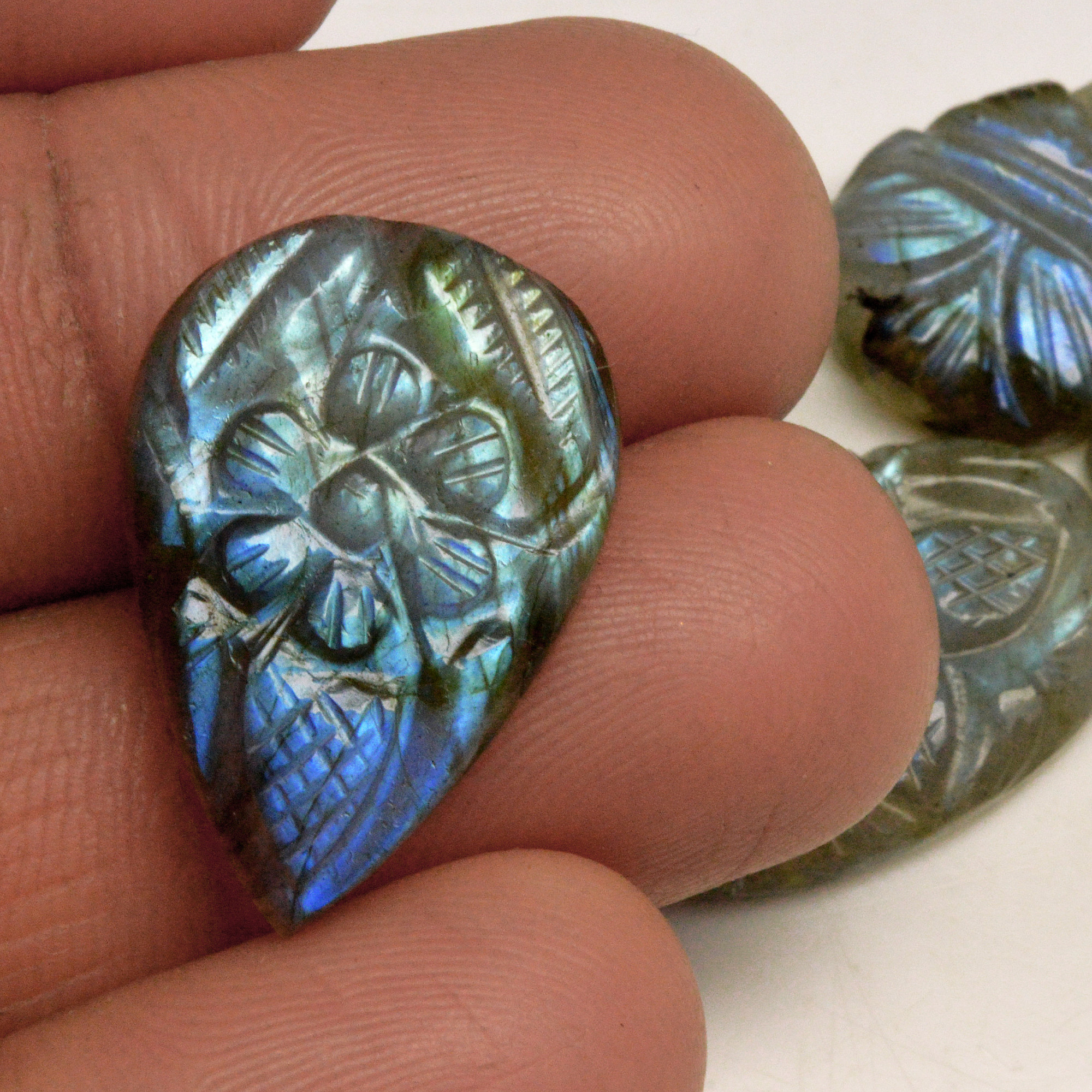 5 Pcs 58 Cts Natural Labradorite Carved Cabochon Blue Flashy Labradorite Carving Gemstone Mix Shape Loose Gemstone Flat Back Labradorite 23x12 15x12mm 13594