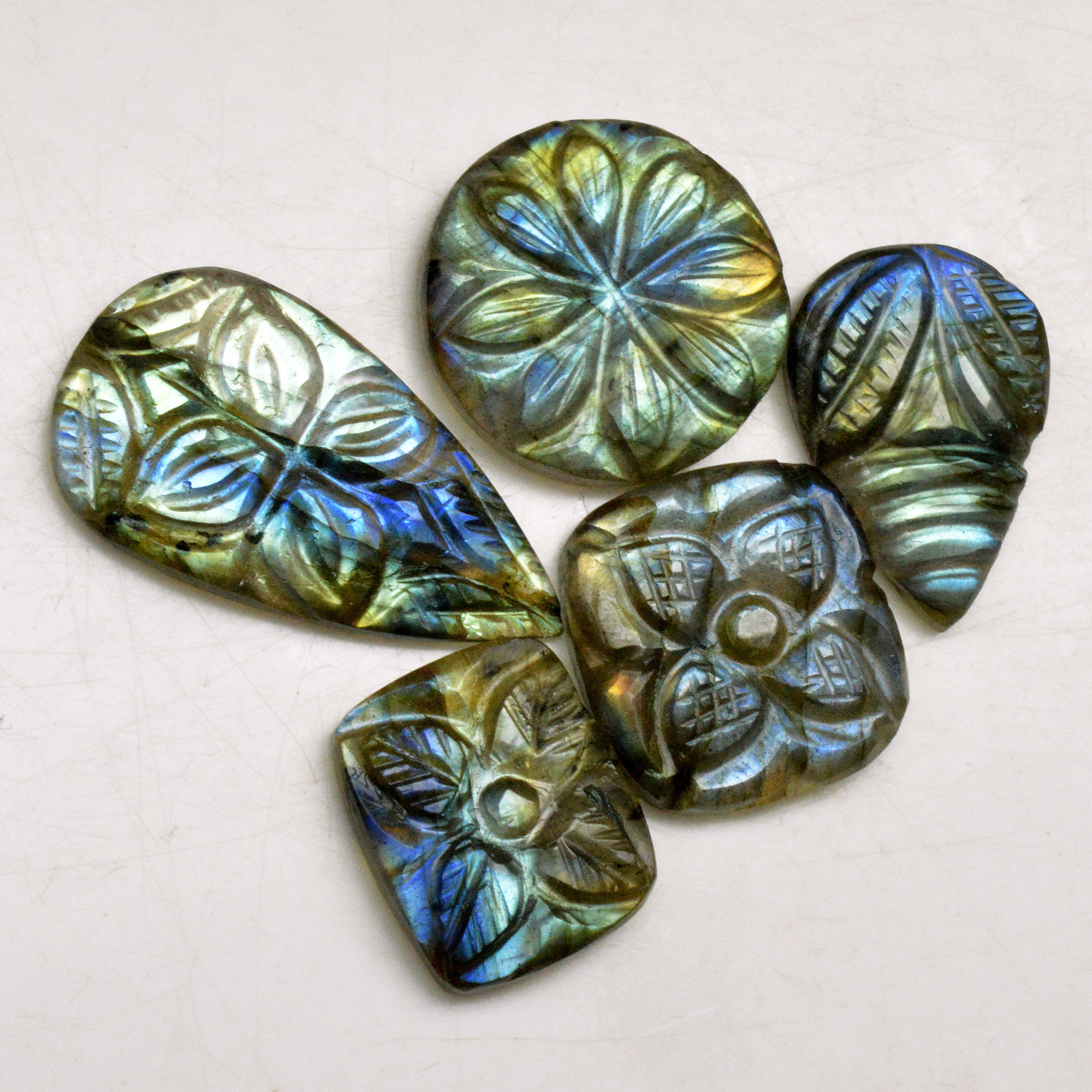 5 Pcs 63 Cts Natural Labradorite Carved Cabochon Blue Flashy Labradorite Carving Gemstone Mix Shape Loose Gemstone Flat Back Labradorite 28x13 13x11mm 13596