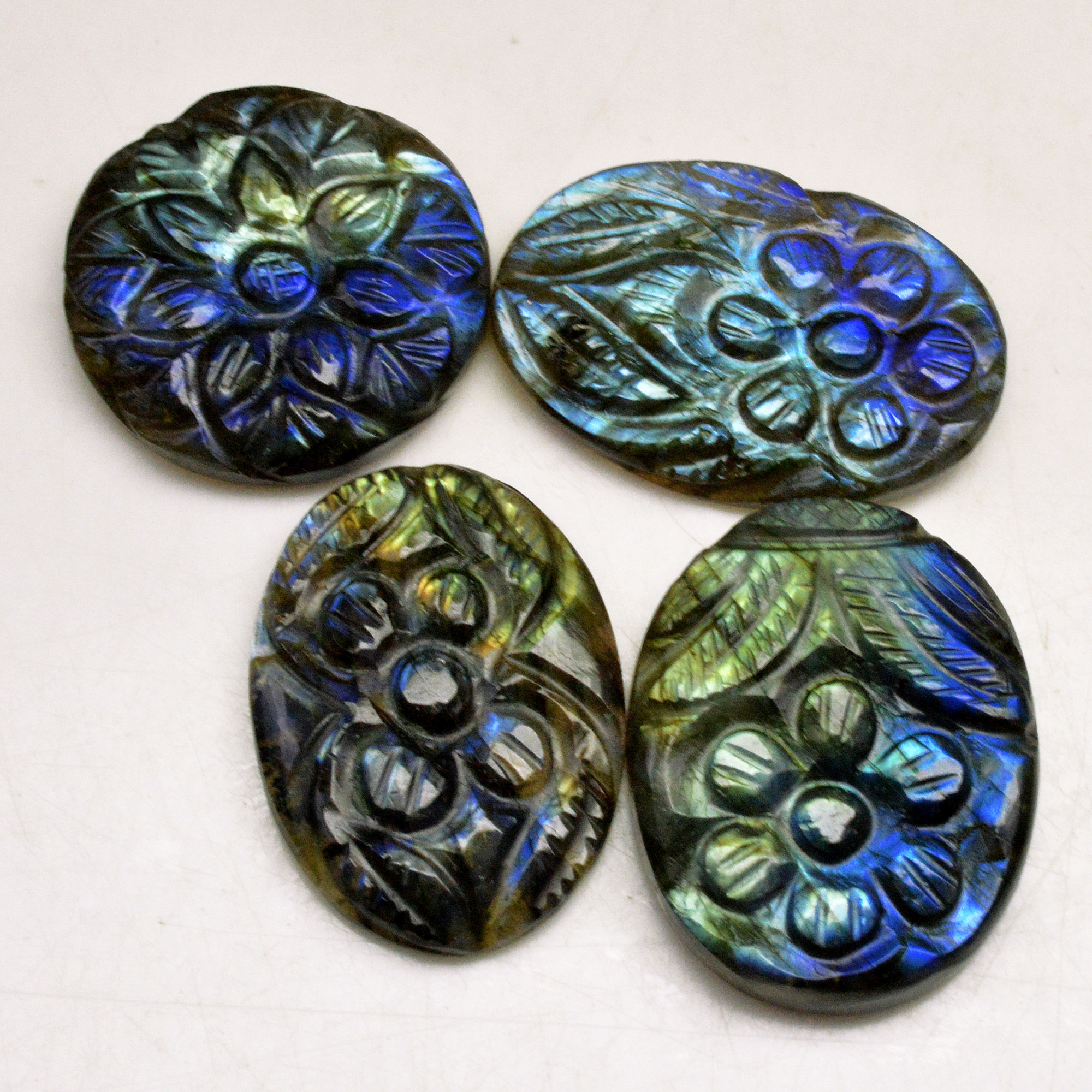 4 Pcs 112 Cts Natural Labradorite Carved Cabochon Blue Flashy Labradorite Carving Gemstone Mix Shape Loose Gemstone Flat Back Labradorite 27x21 21x21mm 13597