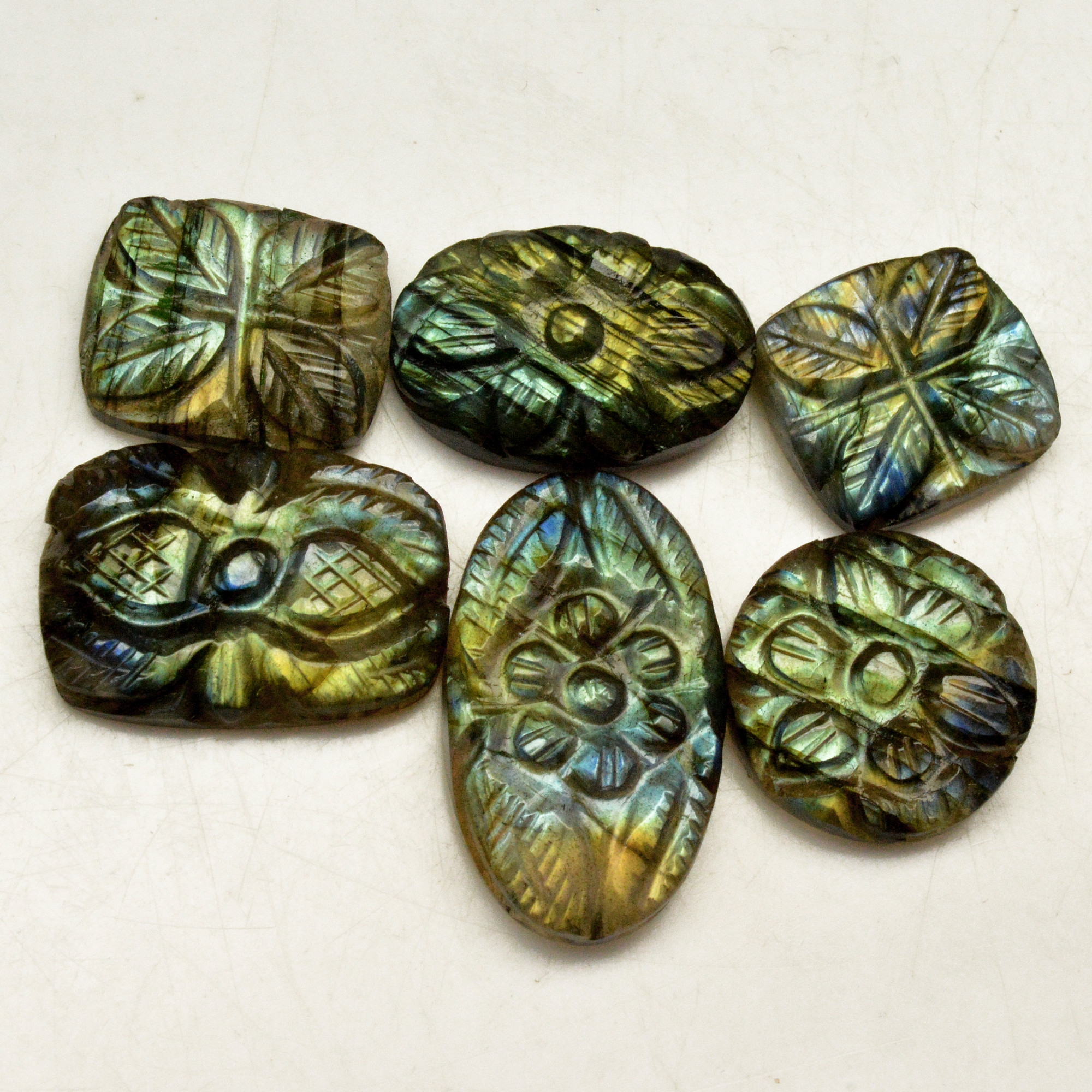 6 Pcs 69 Cts Natural Labradorite Carved Cabochon Blue Flashy Labradorite Carving Gemstone Mix Shape Loose Gemstone Flat Back Labradorite 21x12 12x12mm 13602