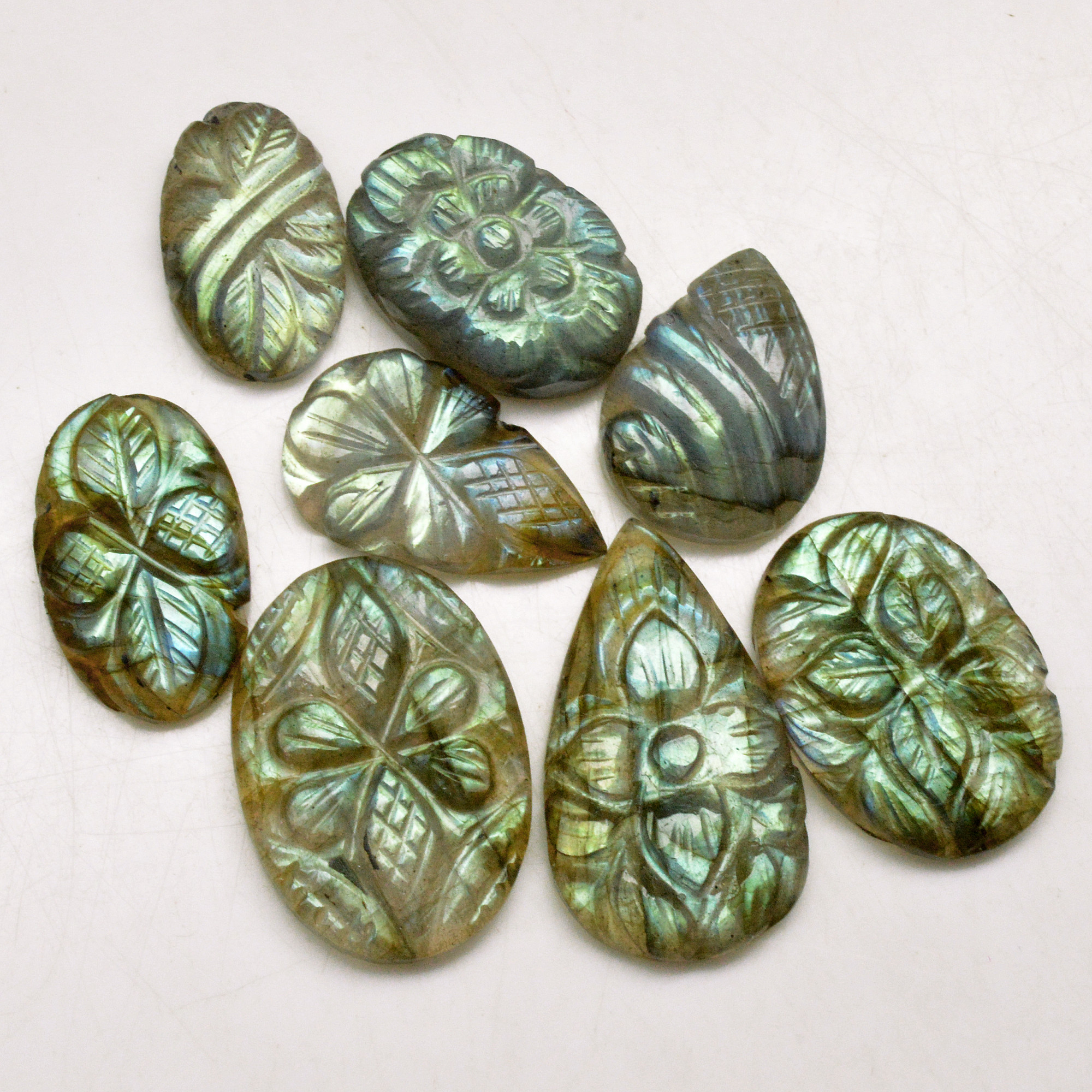 8 Pcs 87 Cts Natural Labradorite Carved Cabochon Blue Flashy Labradorite Carving Gemstone Mix Shape Loose Gemstone Flat Back Labradorite 25x12 13x10mm 13605