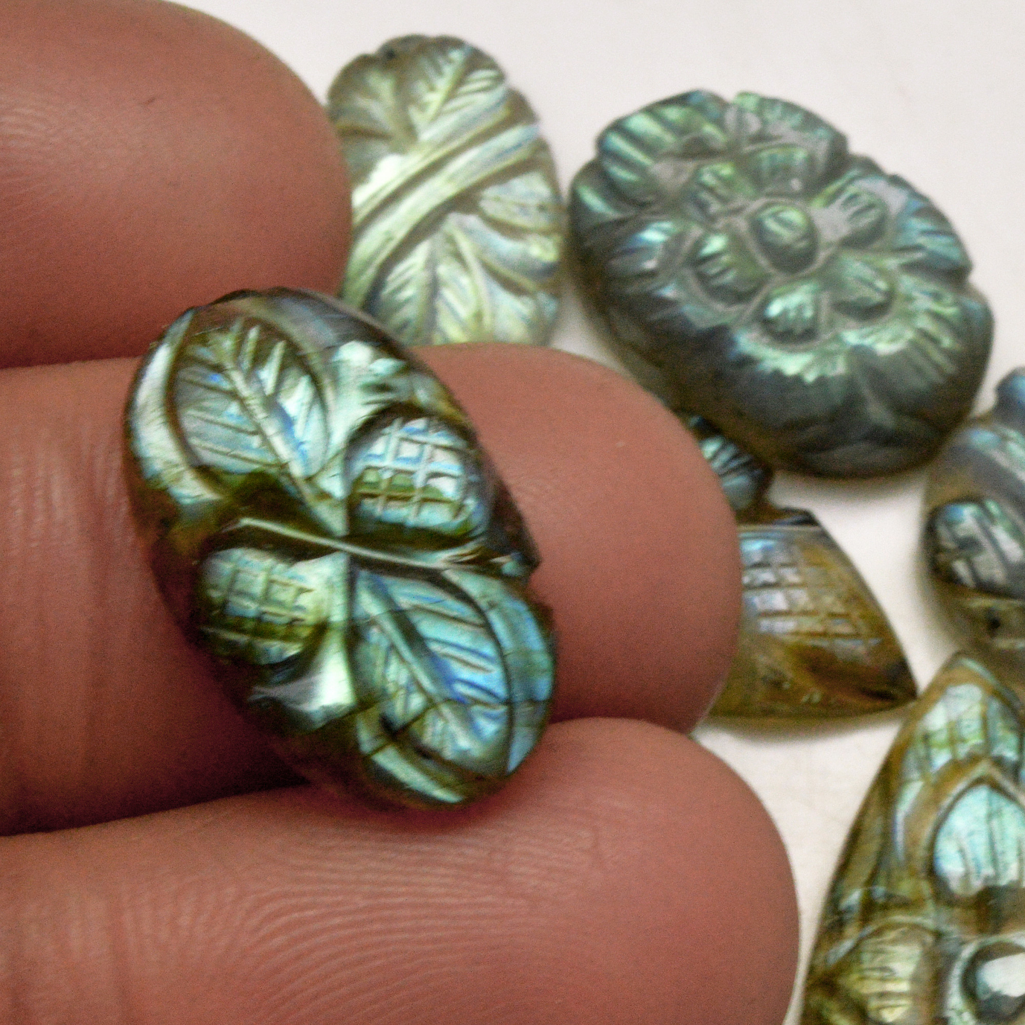 8 Pcs 87 Cts Natural Labradorite Carved Cabochon Blue Flashy Labradorite Carving Gemstone Mix Shape Loose Gemstone Flat Back Labradorite 25x12 13x10mm 13605