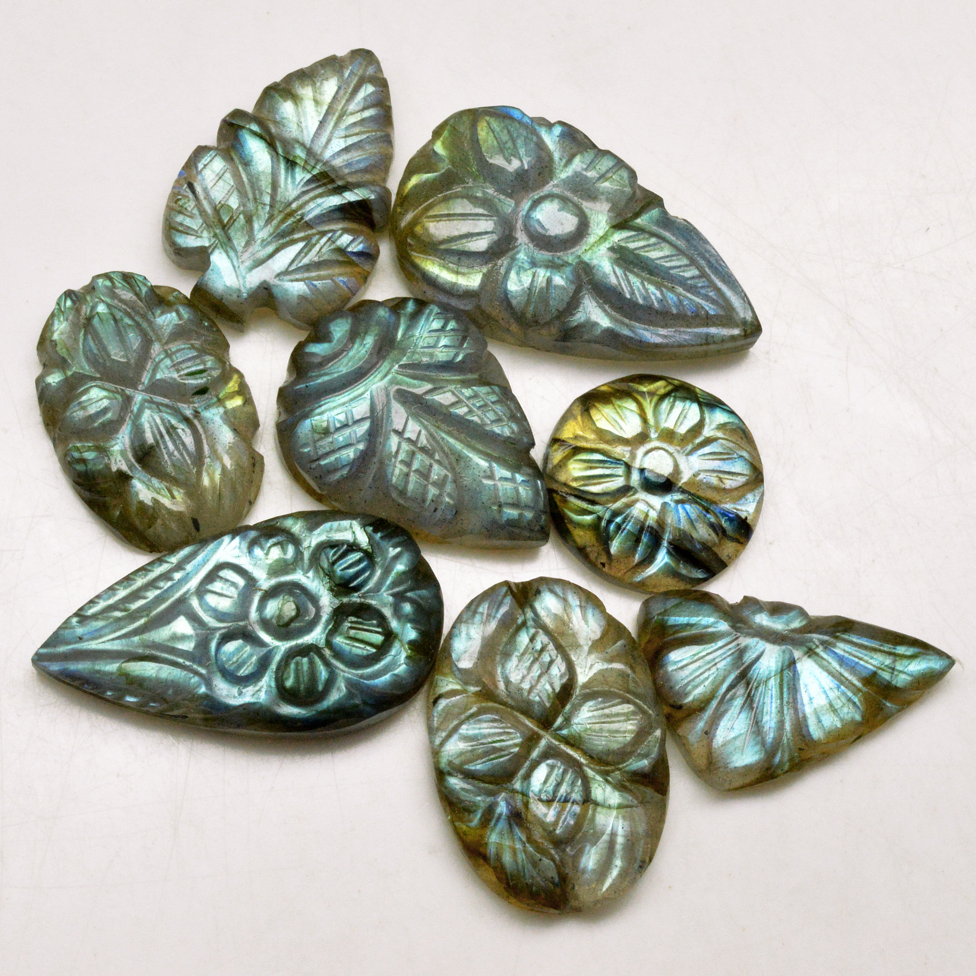 8 Pcs 94 Cts Natural Labradorite Carved Cabochon Blue Flashy Labradorite Carving Gemstone Mix Shape Loose Gemstone Flat Back Labradorite 28x13 11x11mm 13606