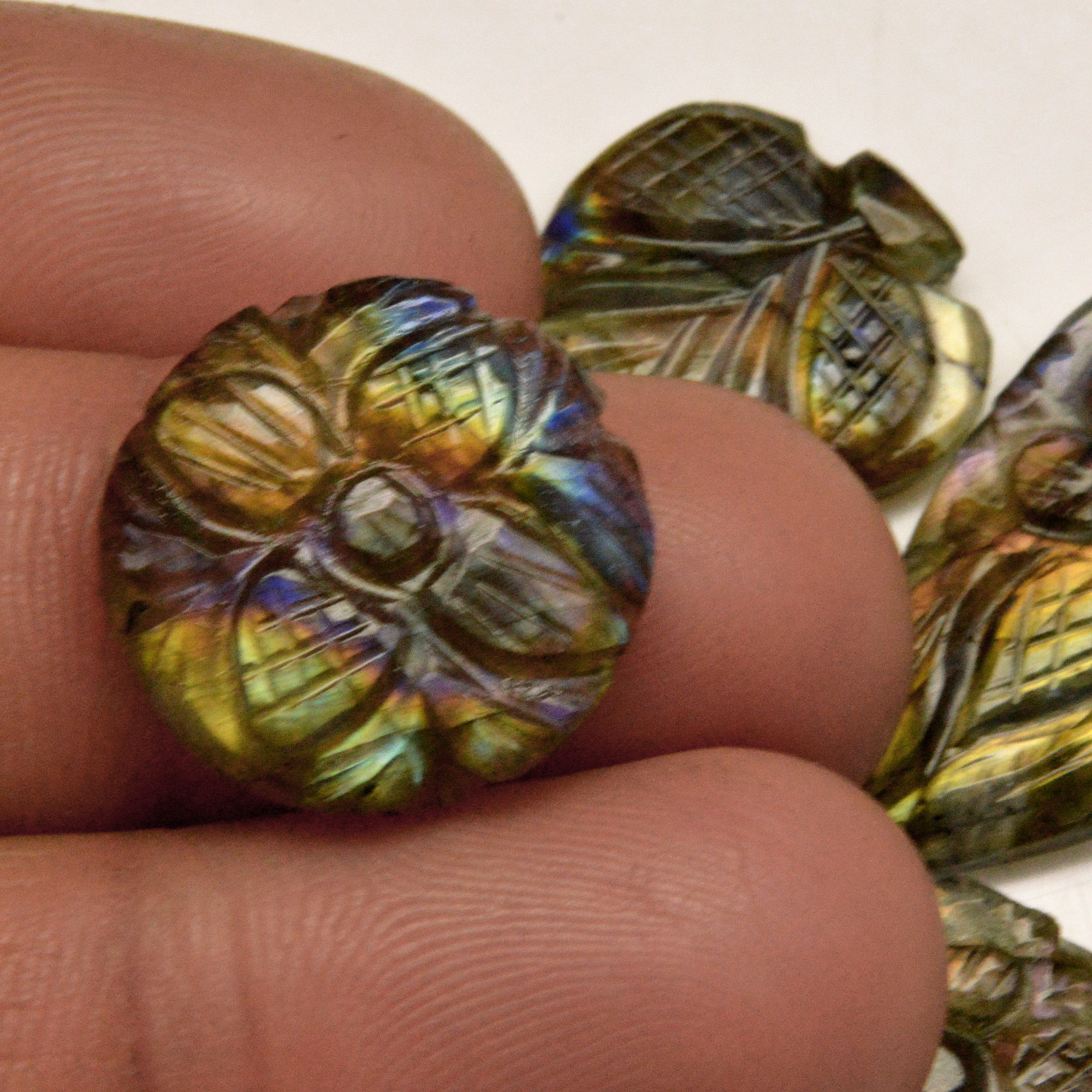 5 Pcs 65 Cts Natural Labradorite Carved Cabochon Blue Flashy Labradorite Carving Gemstone Mix Shape Loose Gemstone Flat Back Labradorite 32x14 20x18mm 13607