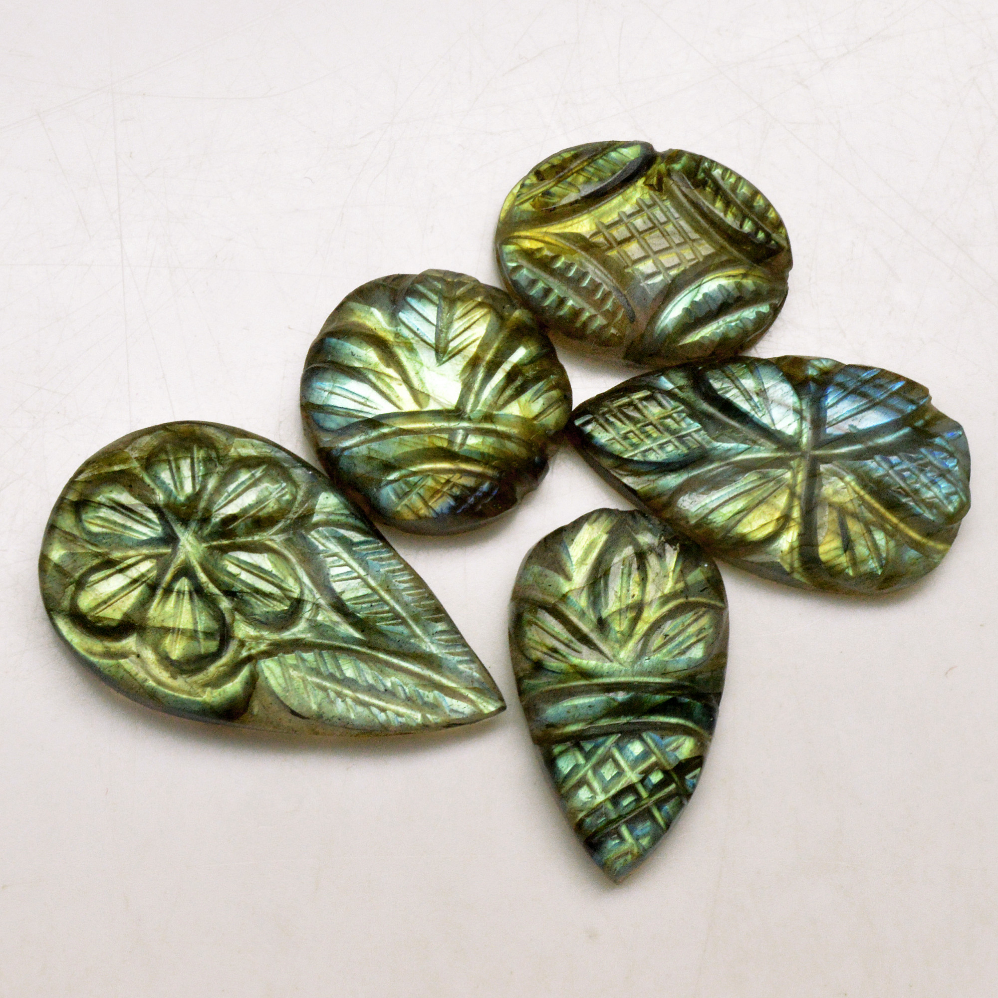 5 Pcs 55 Cts Natural Labradorite Carved Cabochon Blue Flashy Labradorite Carving Gemstone Mix Shape Loose Gemstone Flat Back Labradorite 28x13 15x12mm 13608