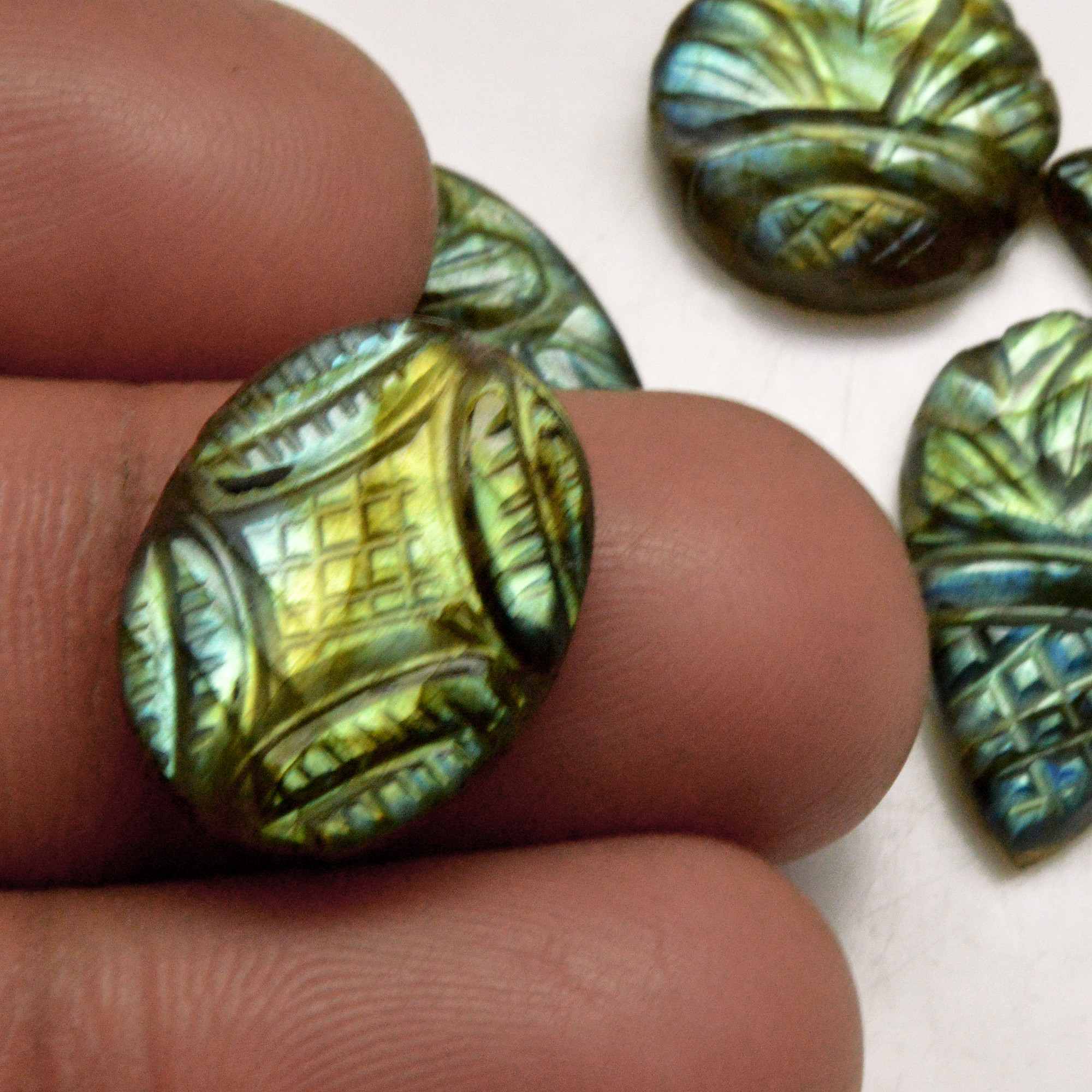 5 Pcs 55 Cts Natural Labradorite Carved Cabochon Blue Flashy Labradorite Carving Gemstone Mix Shape Loose Gemstone Flat Back Labradorite 28x13 15x12mm 13608