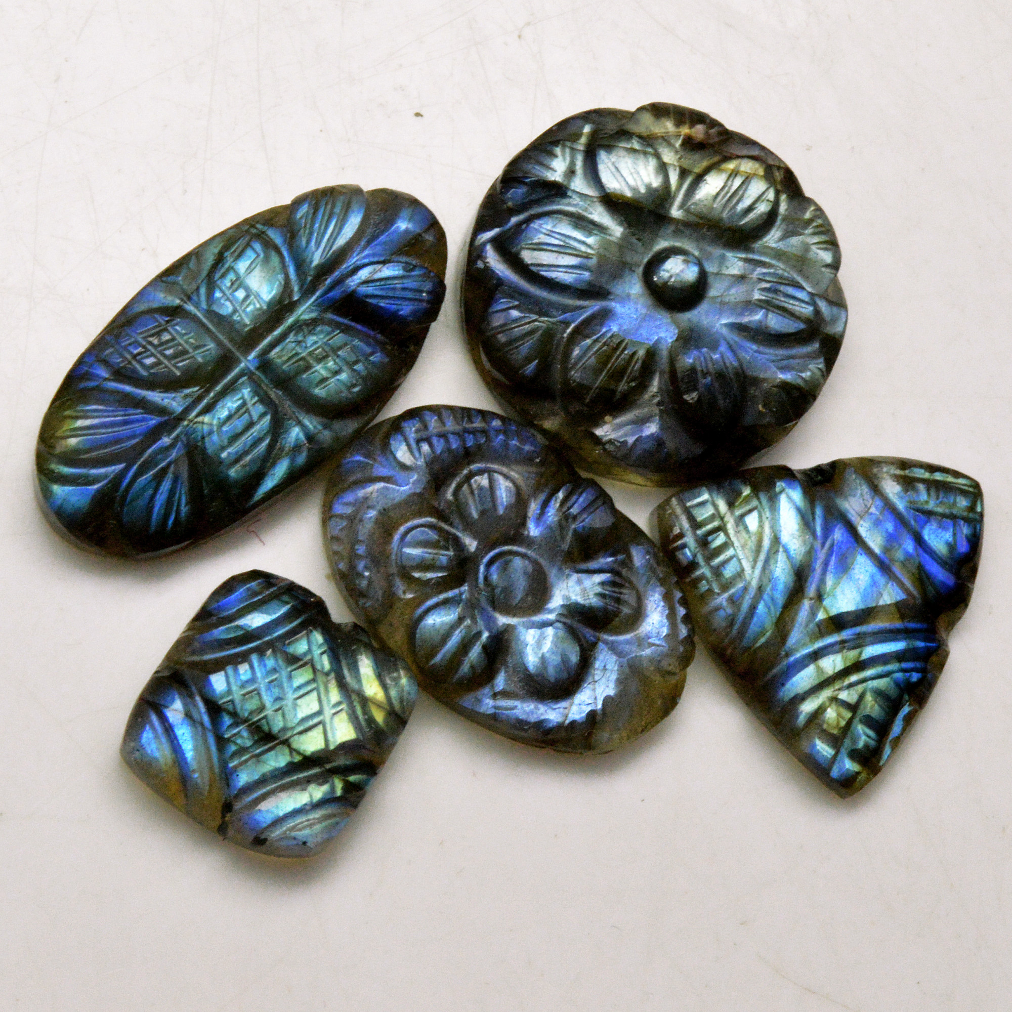 5 Pcs 70 Cts Natural Labradorite Carved Cabochon Blue Flashy Labradorite Carving Gemstone Mix Shape Loose Gemstone Flat Back Labradorite 26x12 12x12mm 13611