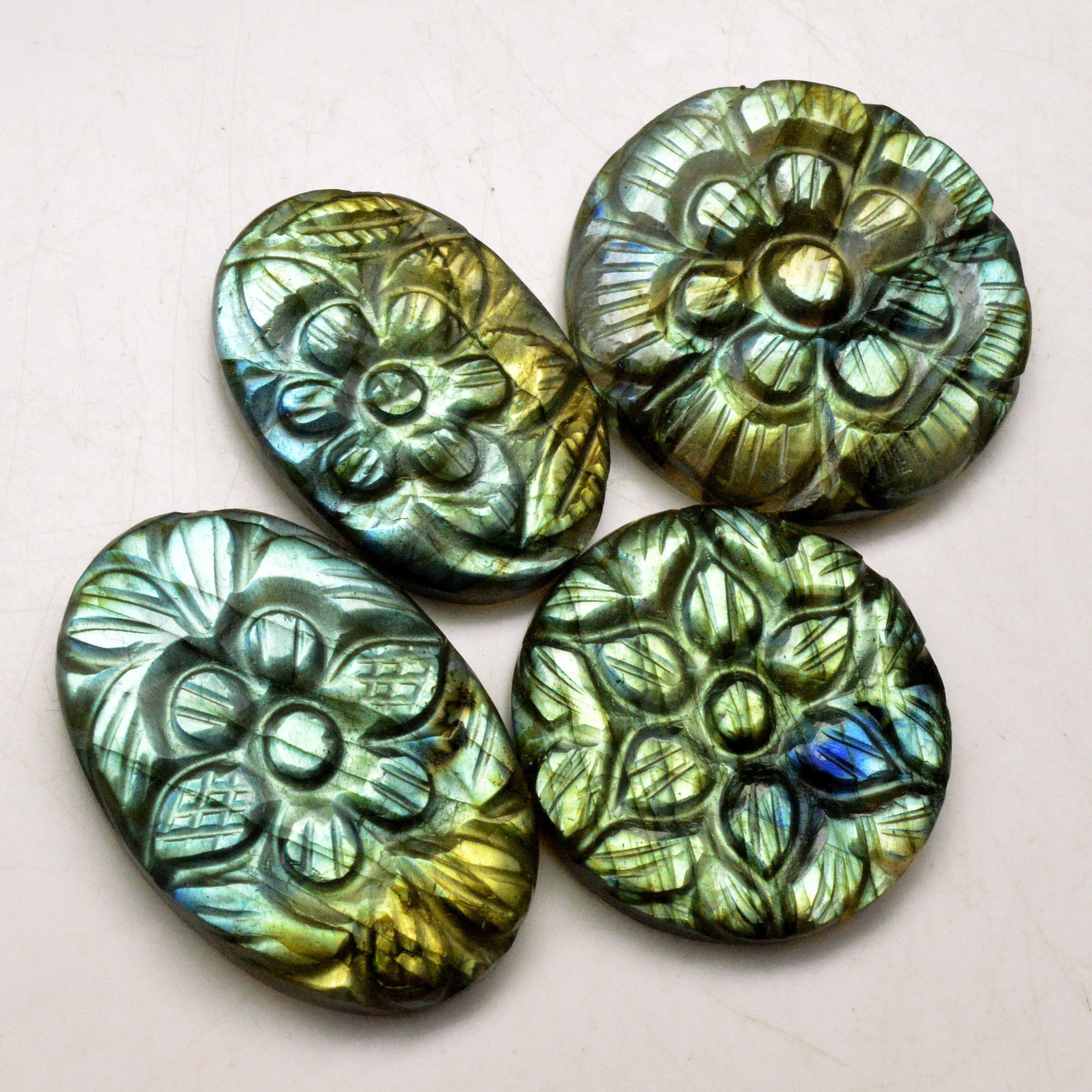 4 Pcs 131 Cts Natural Labradorite Carved Cabochon Blue Flashy Labradorite Carving Gemstone Mix Shape Loose Gemstone Flat Back Labradorite 32x12 25x25mm 13612