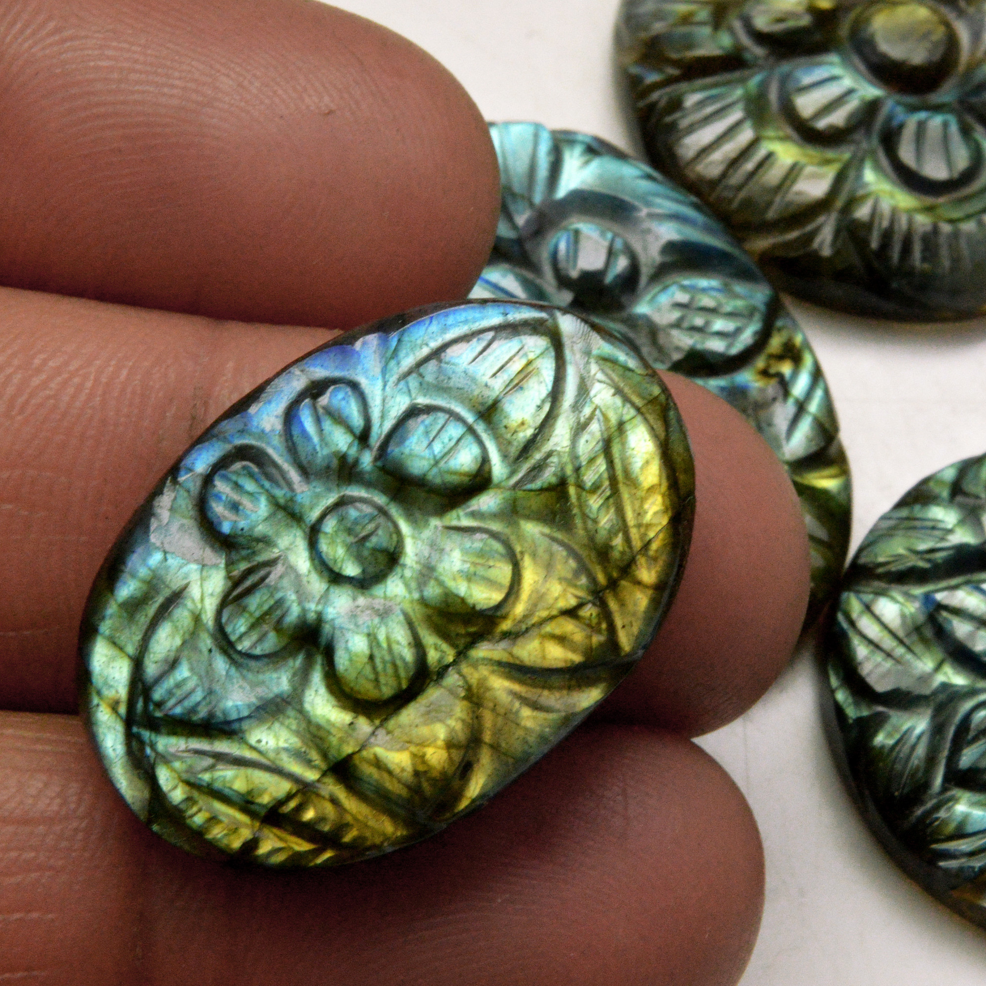 4 Pcs 131 Cts Natural Labradorite Carved Cabochon Blue Flashy Labradorite Carving Gemstone Mix Shape Loose Gemstone Flat Back Labradorite 32x12 25x25mm 13612