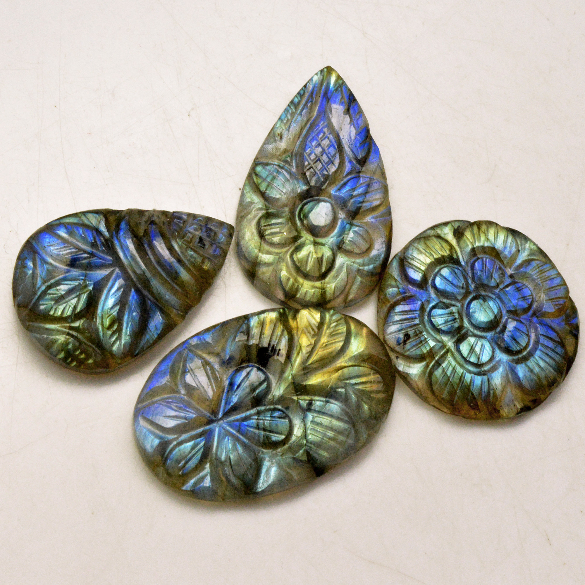 4 Pcs 80 Cts Natural Labradorite Carved Cabochon Blue Flashy Labradorite Carving Gemstone Mix Shape Loose Gemstone Flat Back Labradorite 30x20 25x13mm 13613