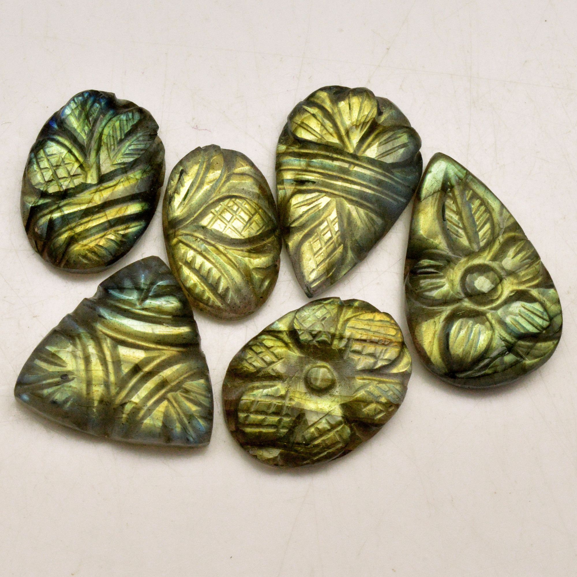 6 Pcs 67 Cts Natural Labradorite Carved Cabochon Blue Flashy Labradorite Carving Gemstone Mix Shape Loose Gemstone Flat Back Labradorite 23x13 16x10mm 13616