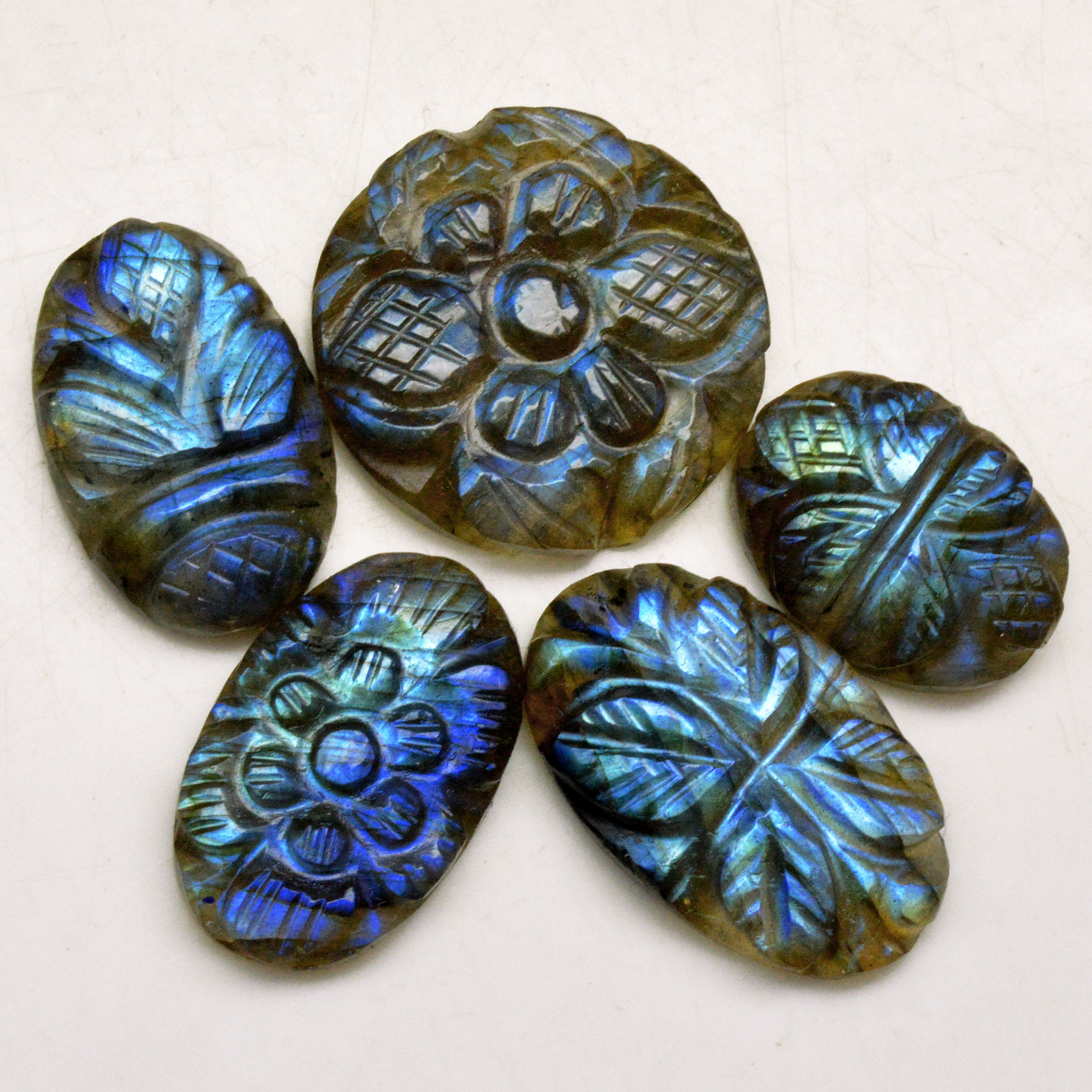 5 Pcs 61 Cts Natural Labradorite Carved Cabochon Blue Flashy Labradorite Carving Gemstone Mix Shape Loose Gemstone Flat Back Labradorite 20x10 13x11mm 13618