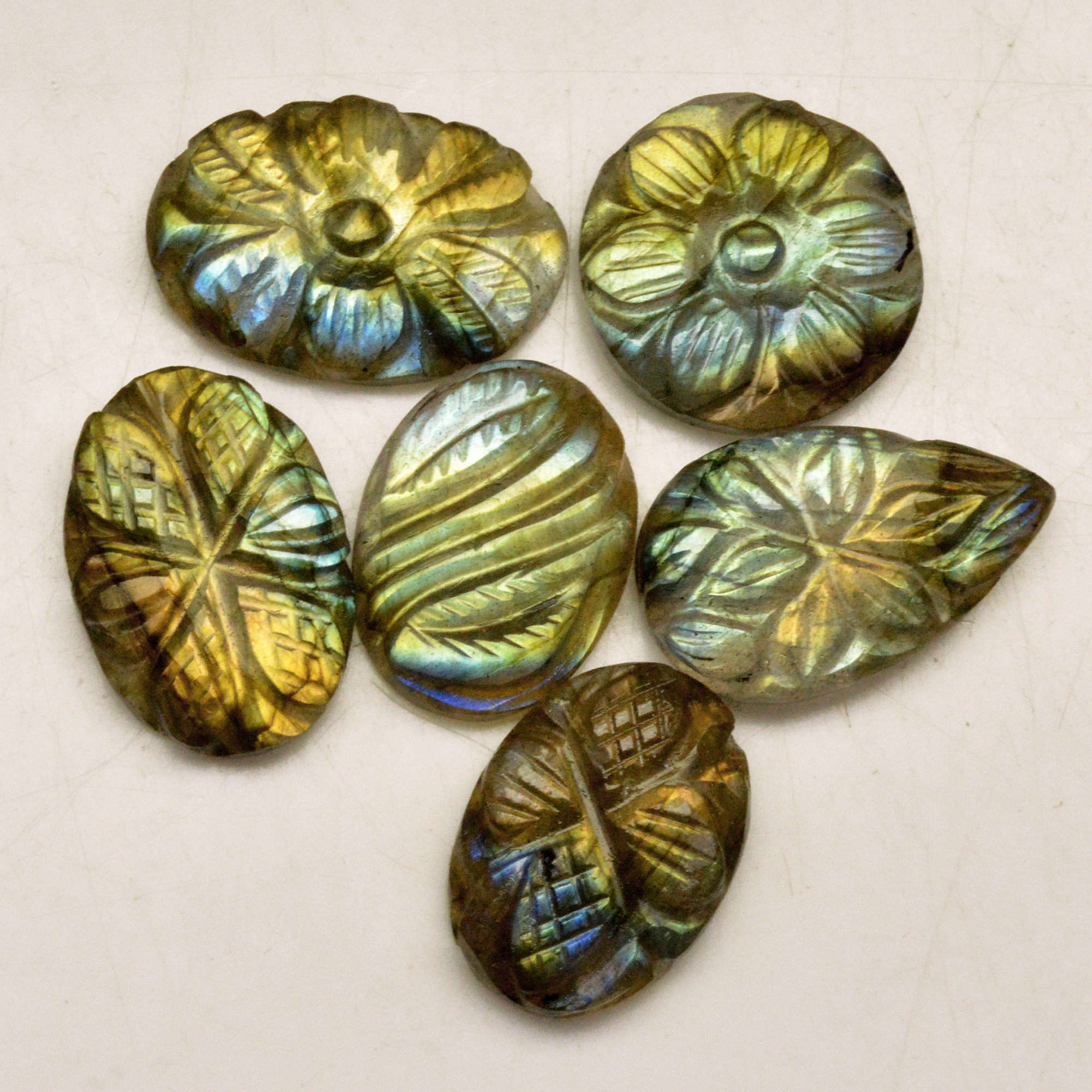 6 Pcs 55 Cts Natural Labradorite Carved Cabochon Blue Flashy Labradorite Carving Gemstone Mix Shape Loose Gemstone Flat Back Labradorite 19x12 18x11mm 13619