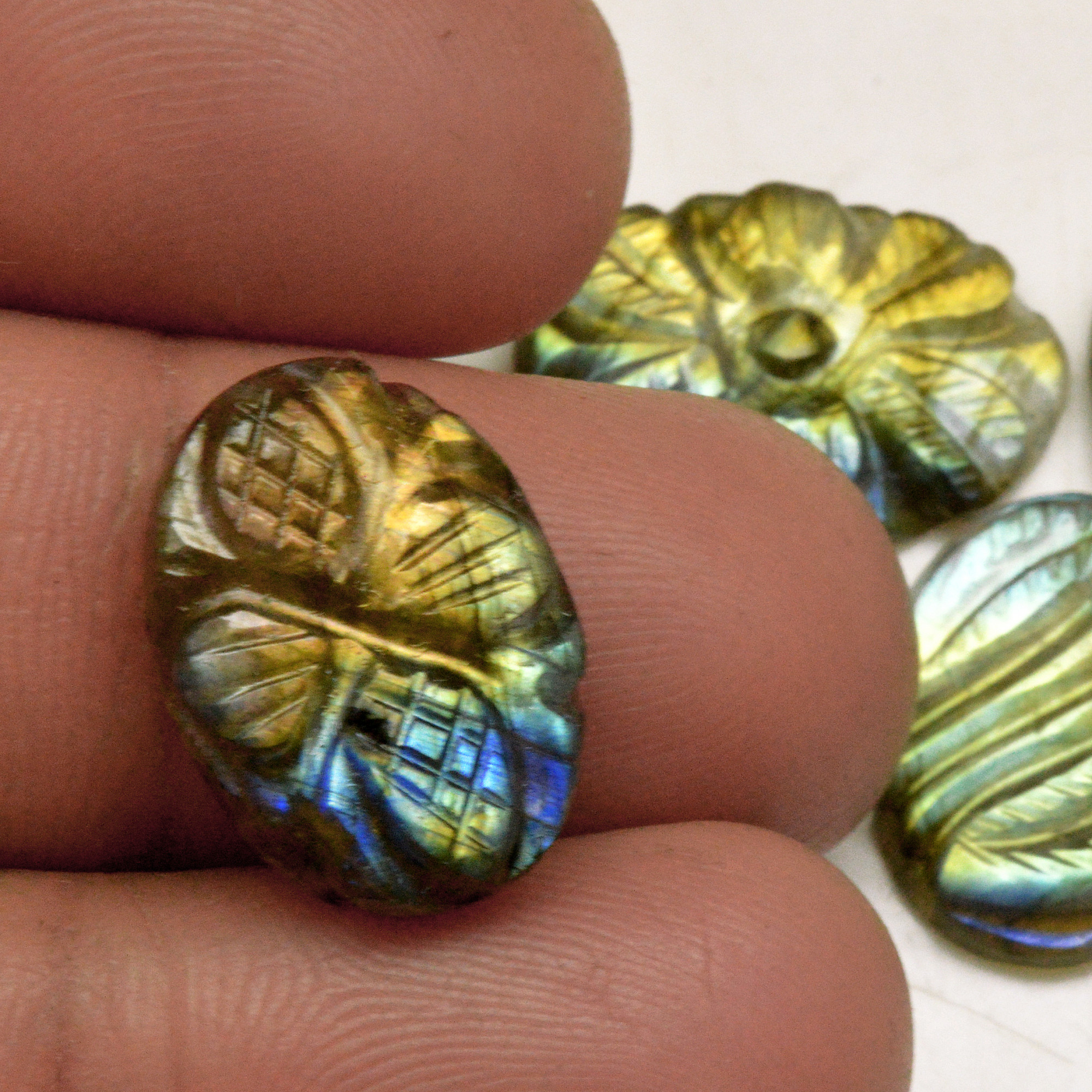 6 Pcs 55 Cts Natural Labradorite Carved Cabochon Blue Flashy Labradorite Carving Gemstone Mix Shape Loose Gemstone Flat Back Labradorite 19x12 18x11mm 13619