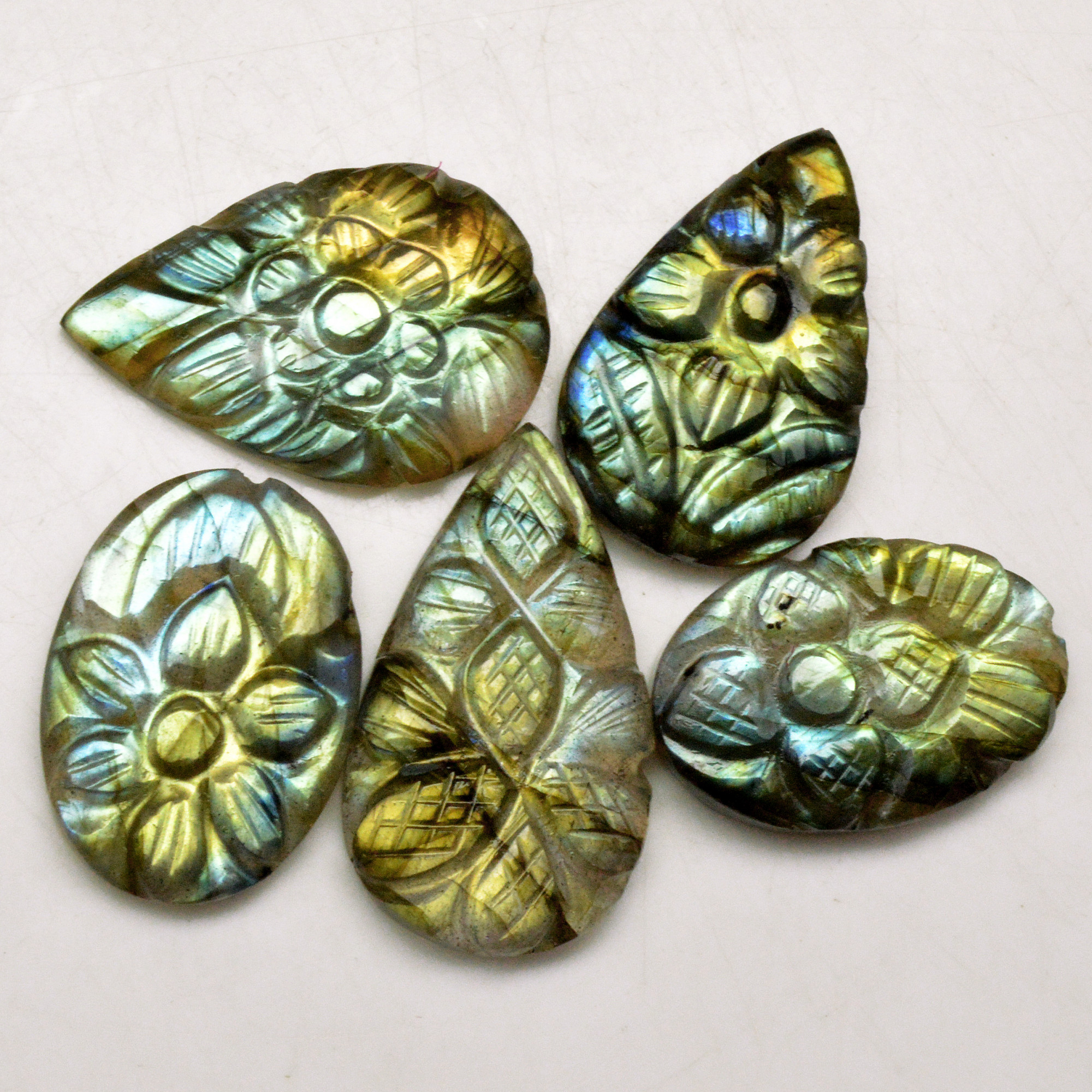 5 Pcs 74 Cts Natural Labradorite Carved Cabochon Blue Flashy Labradorite Carving Gemstone Mix Shape Loose Gemstone Flat Back Labradorite 28x13 25x14mm 13620