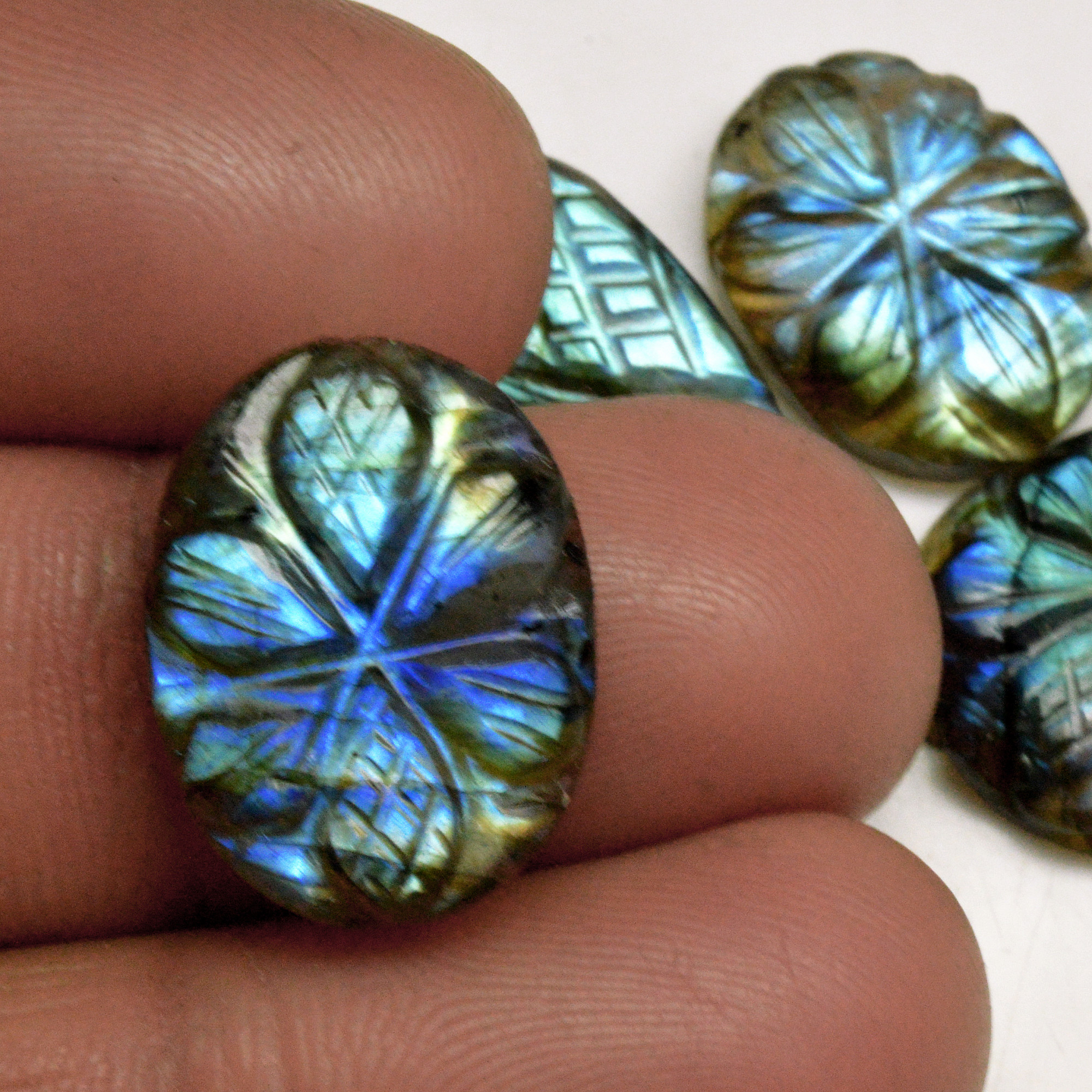 5 Pcs 66 Cts Natural Labradorite Carved Cabochon Blue Flashy Labradorite Carving Gemstone Mix Shape Loose Gemstone Flat Back Labradorite 30x10 19x12mm 13621