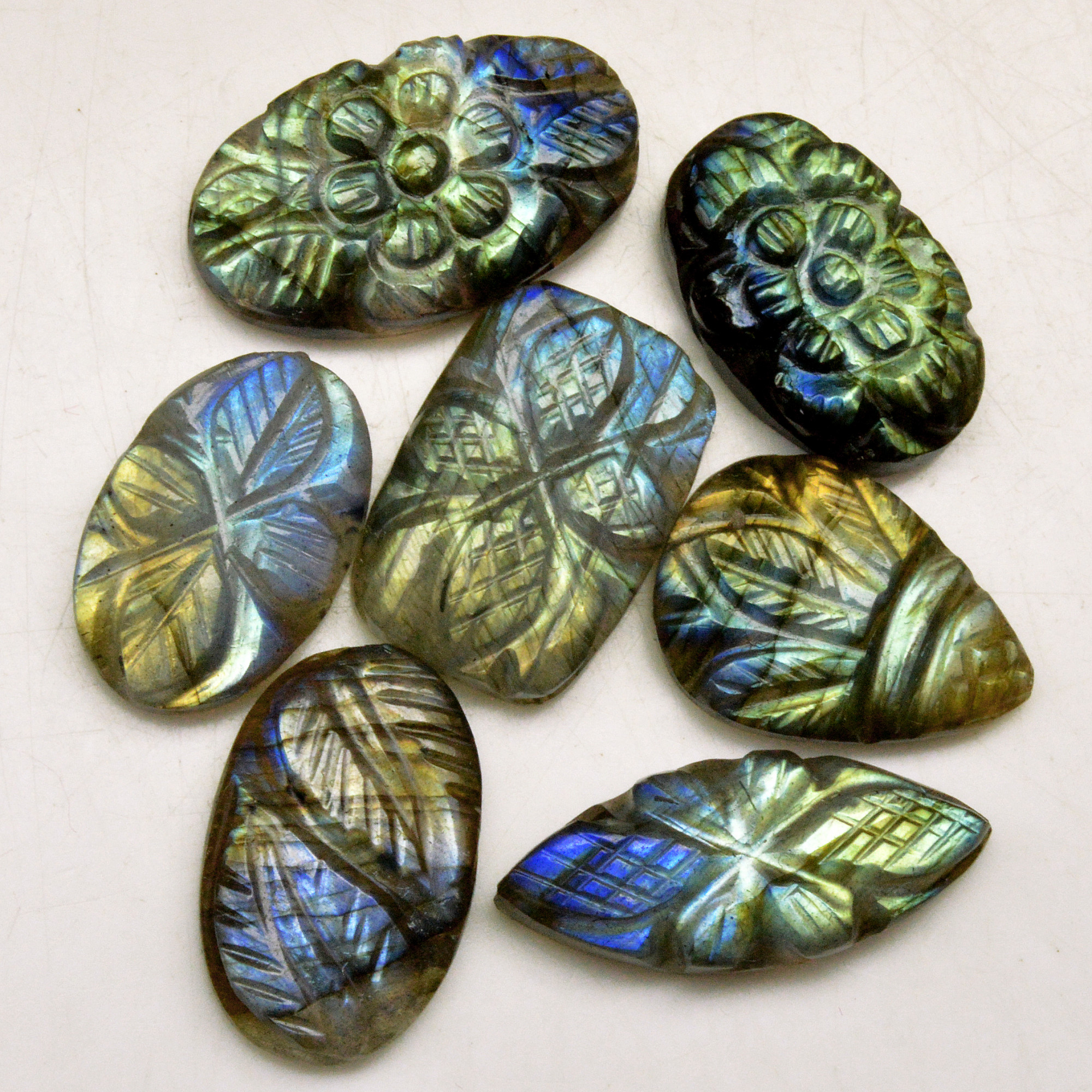 7 Pcs 66 Cts Natural Labradorite Carved Cabochon Blue Flashy Labradorite Carving Gemstone Mix Shape Loose Gemstone Flat Back Labradorite 21x10 18x10mm 13623