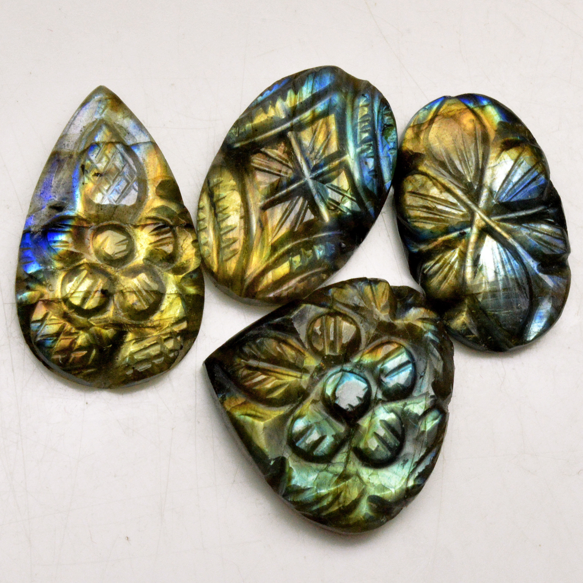 4 Pcs 58 Cts Natural Labradorite Carved Cabochon Blue Flashy Labradorite Carving Gemstone Mix Shape Loose Gemstone Flat Back Labradorite 23x13 20x22mm 13624