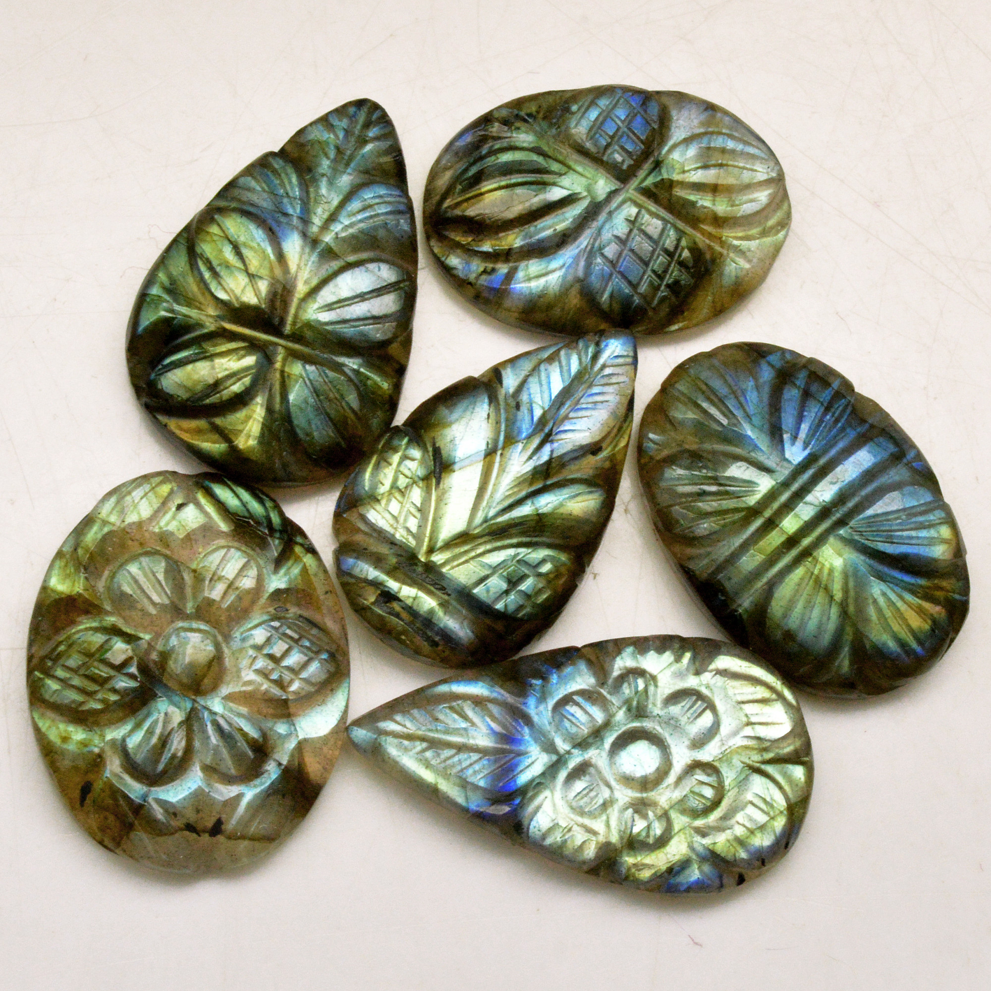 6 Pcs 73 Cts Natural Labradorite Carved Cabochon Blue Flashy Labradorite Carving Gemstone Mix Shape Loose Gemstone Flat Back Labradorite 22x11 20x12mm 13629