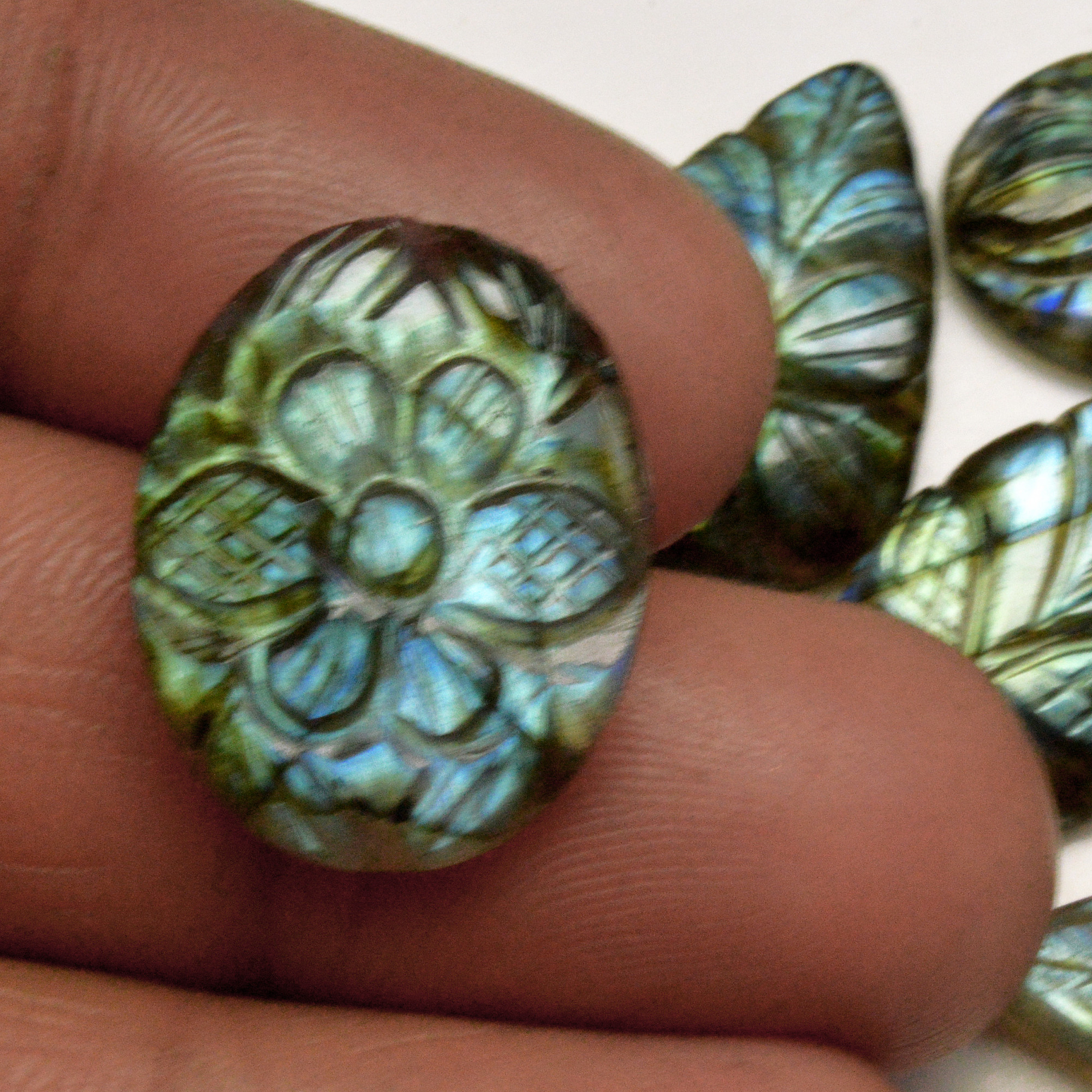 6 Pcs 73 Cts Natural Labradorite Carved Cabochon Blue Flashy Labradorite Carving Gemstone Mix Shape Loose Gemstone Flat Back Labradorite 22x11 20x12mm 13629