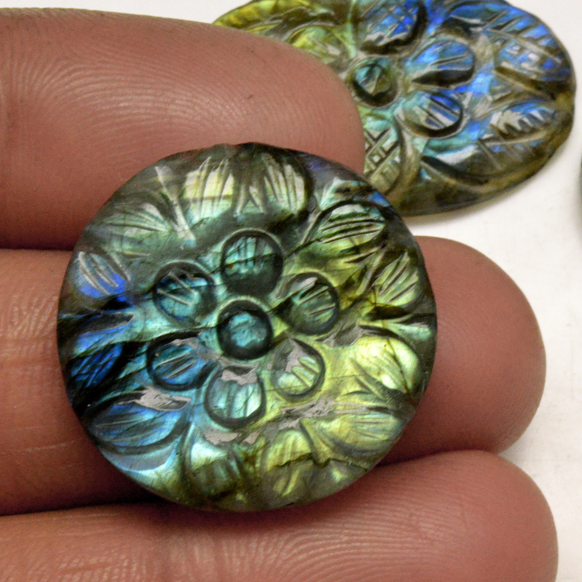 3 Pcs 71 Cts Natural Labradorite Carved Cabochon Blue Flashy Labradorite Carving Gemstone Mix Shape Loose Gemstone Flat Back Labradorite 30x20 24x24mm 13633