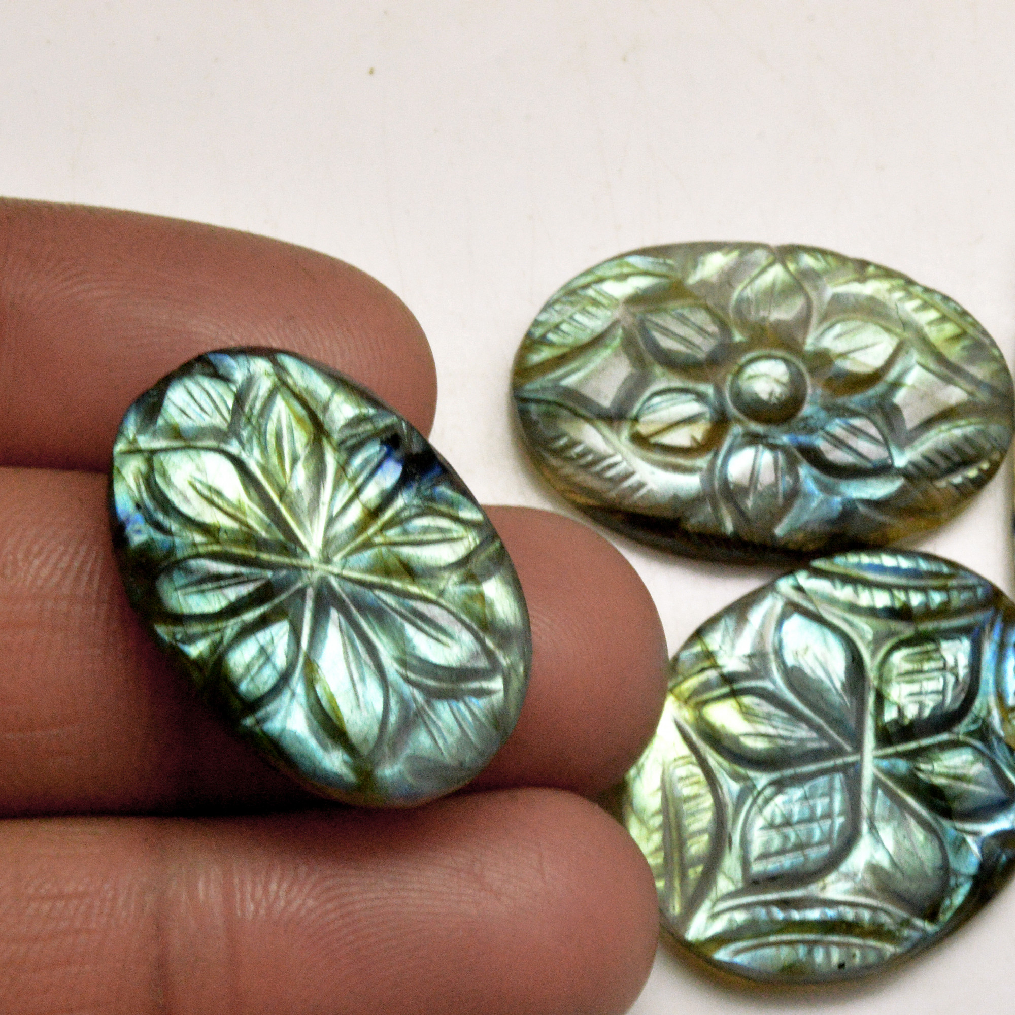 4 Pcs 95 Cts Natural Labradorite Carved Cabochon Blue Flashy Labradorite Carving Gemstone Mix Shape Loose Gemstone Flat Back Labradorite 31x20 27x18mm 13635