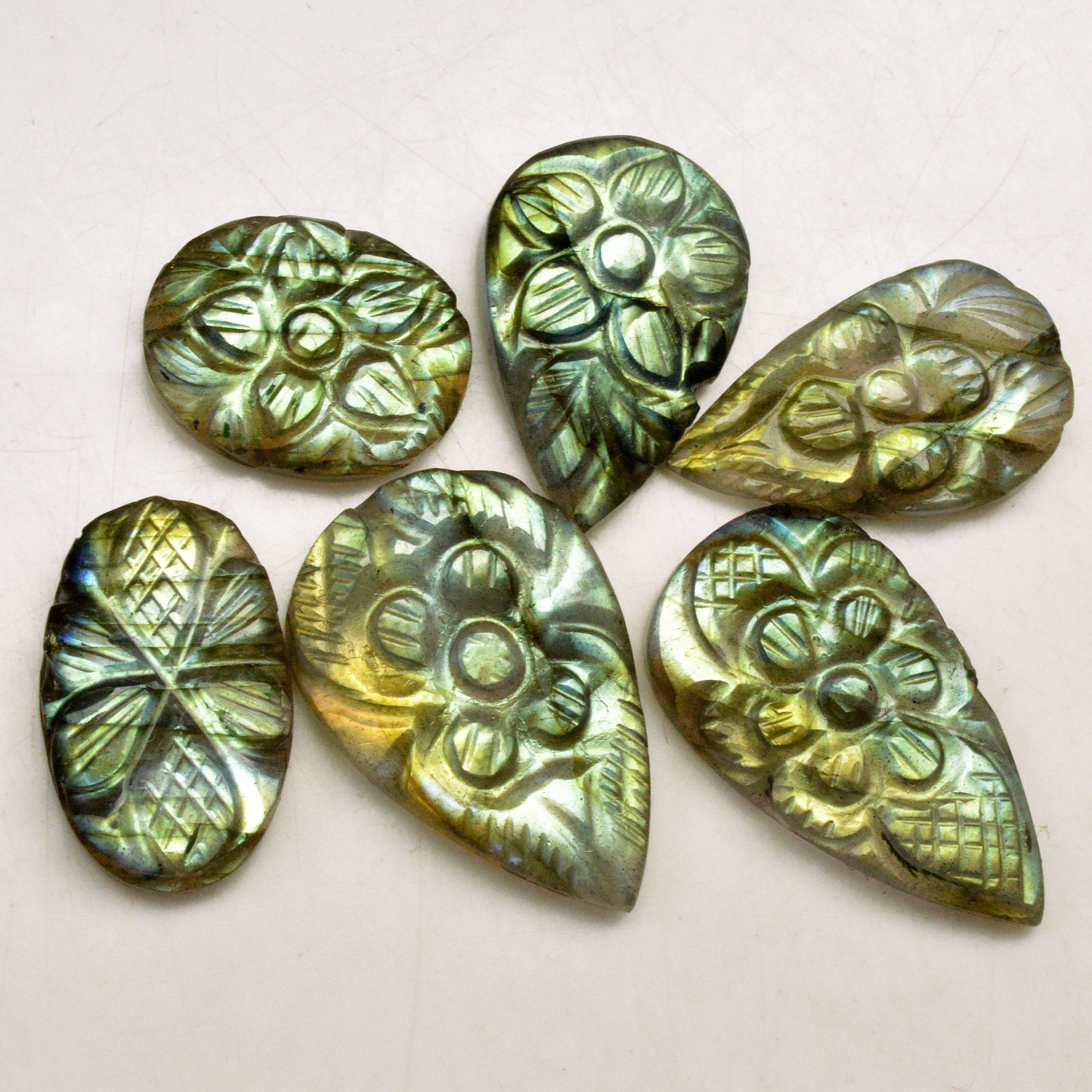 6 Pcs 85 Cts Natural Labradorite Carved Cabochon Blue Flashy Labradorite Carving Gemstone Mix Shape Loose Gemstone Flat Back Labradorite 29x15 19x12mm 13637