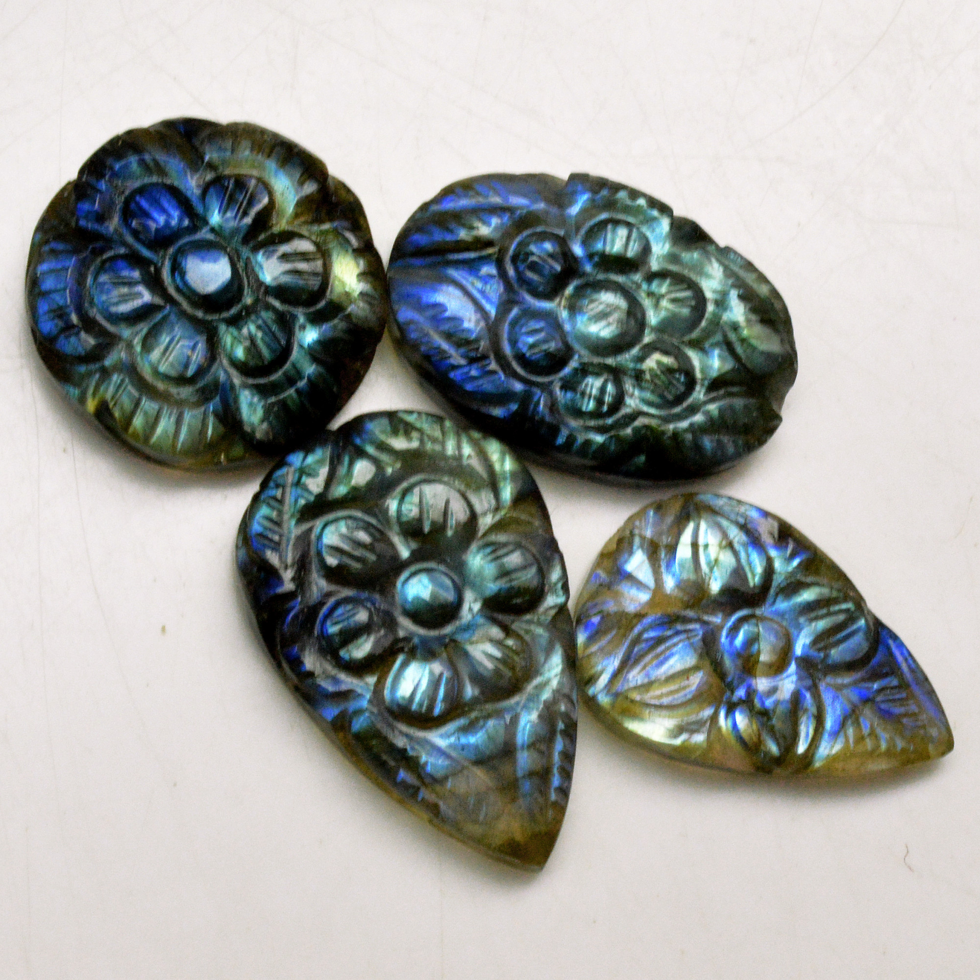 4 Pcs 71 Cts Natural Labradorite Carved Cabochon Blue Flashy Labradorite Carving Gemstone Mix Shape Loose Gemstone Flat Back Labradorite 29x15 21x14mm 13638