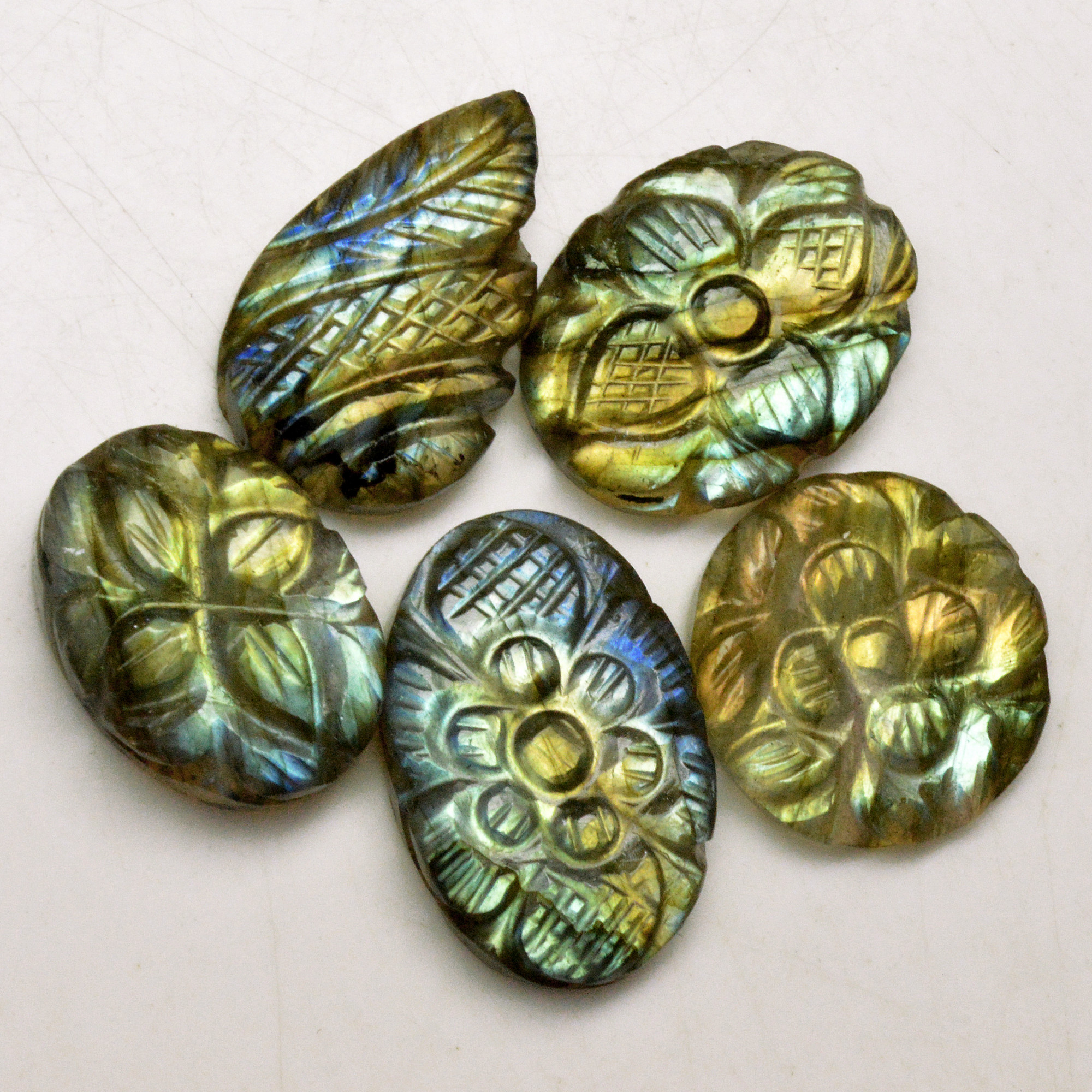 5 Pcs 71 Cts Natural Labradorite Carved Cabochon Blue Flashy Labradorite Carving Gemstone Mix Shape Loose Gemstone Flat Back Labradorite 23x14 19x19mm 13639