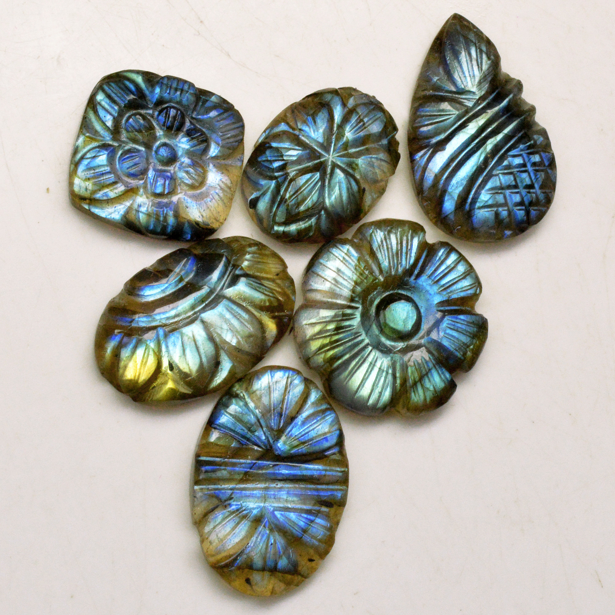 6 Pcs 58 Cts Natural Labradorite Carved Cabochon Blue Flashy Labradorite Carving Gemstone Mix Shape Loose Gemstone Flat Back Labradorite 20x11 12x12mm 13640