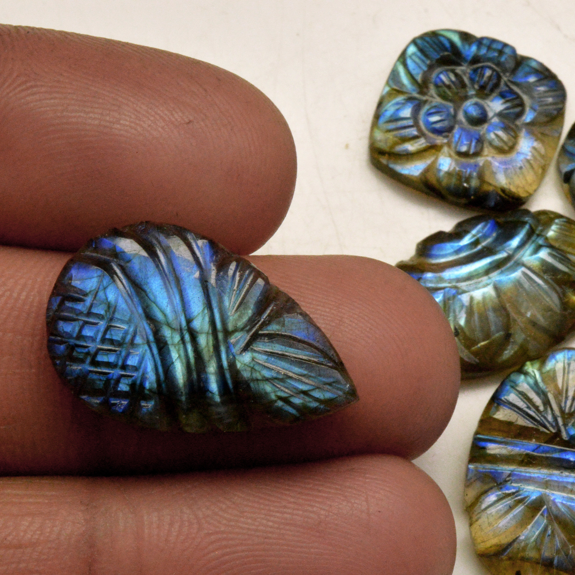 6 Pcs 58 Cts Natural Labradorite Carved Cabochon Blue Flashy Labradorite Carving Gemstone Mix Shape Loose Gemstone Flat Back Labradorite 20x11 12x12mm 13640