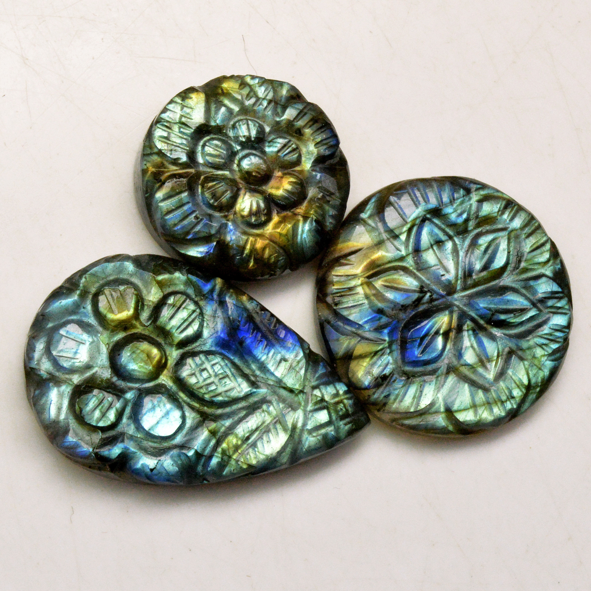 3 Pcs 84 Cts Natural Labradorite Carved Cabochon Blue Flashy Labradorite Carving Gemstone Mix Shape Loose Gemstone Flat Back Labradorite 30x20 20x20mm 13641