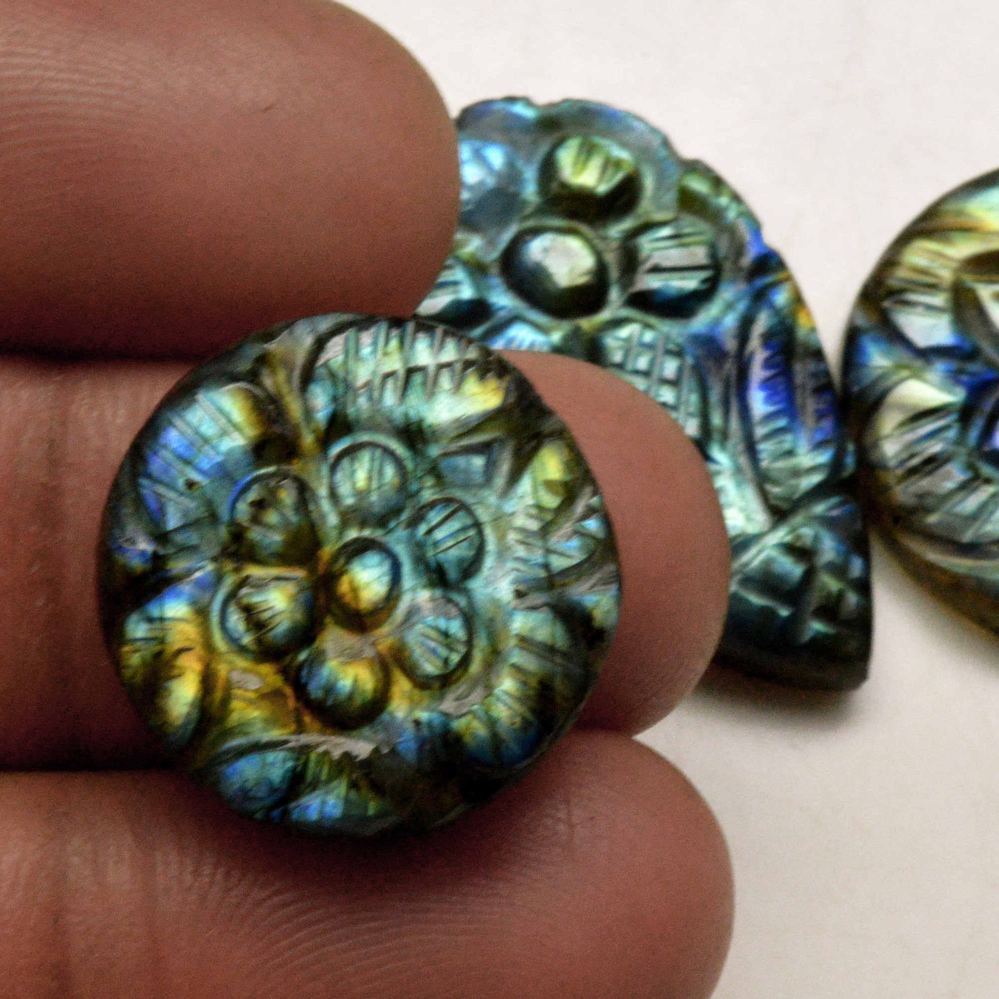 3 Pcs 84 Cts Natural Labradorite Carved Cabochon Blue Flashy Labradorite Carving Gemstone Mix Shape Loose Gemstone Flat Back Labradorite 30x20 20x20mm 13641