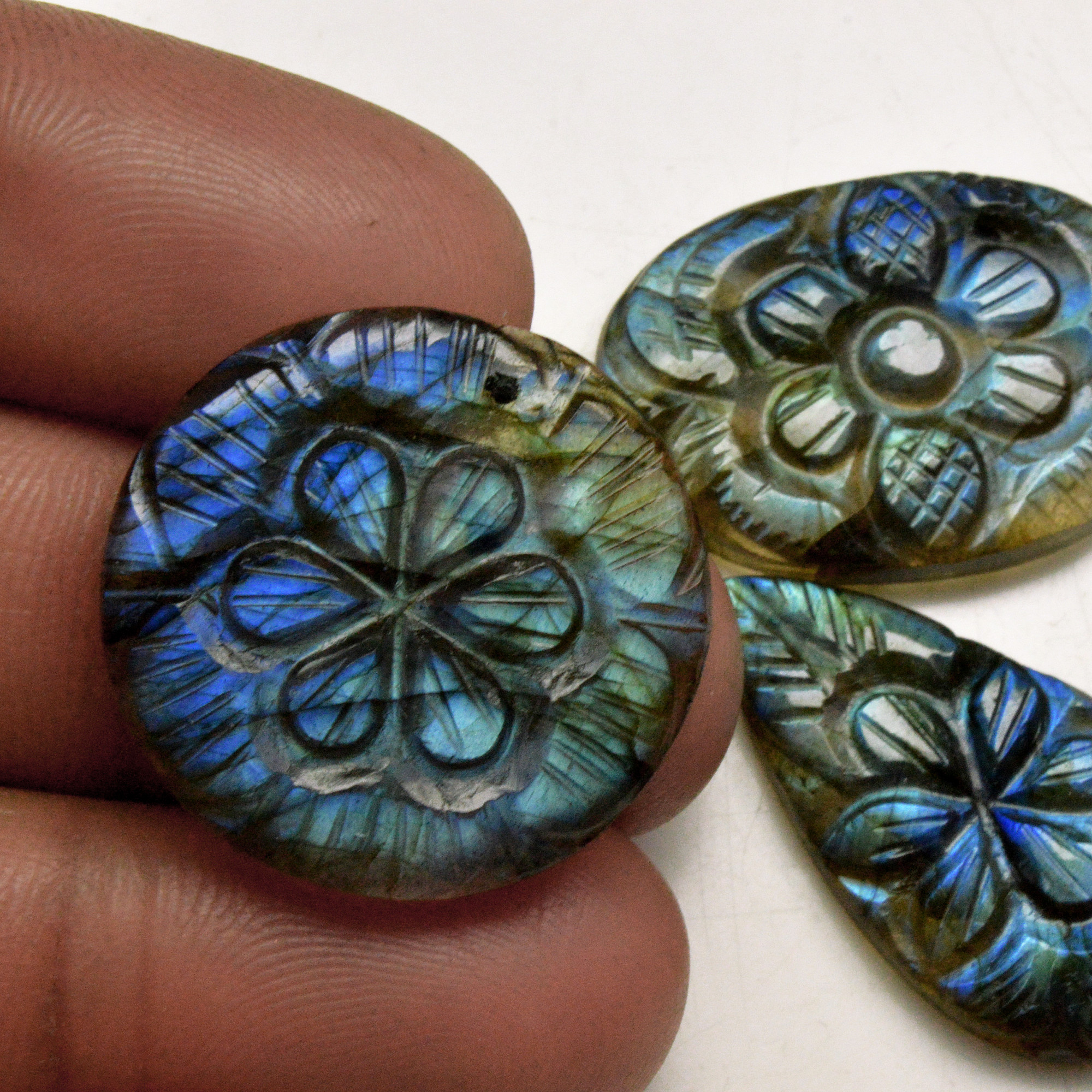 3 Pcs 73 Cts Natural Labradorite Carved Cabochon Blue Flashy Labradorite Carving Gemstone Mix Shape Loose Gemstone Flat Back Labradorite 30x13 24x24mm 13642